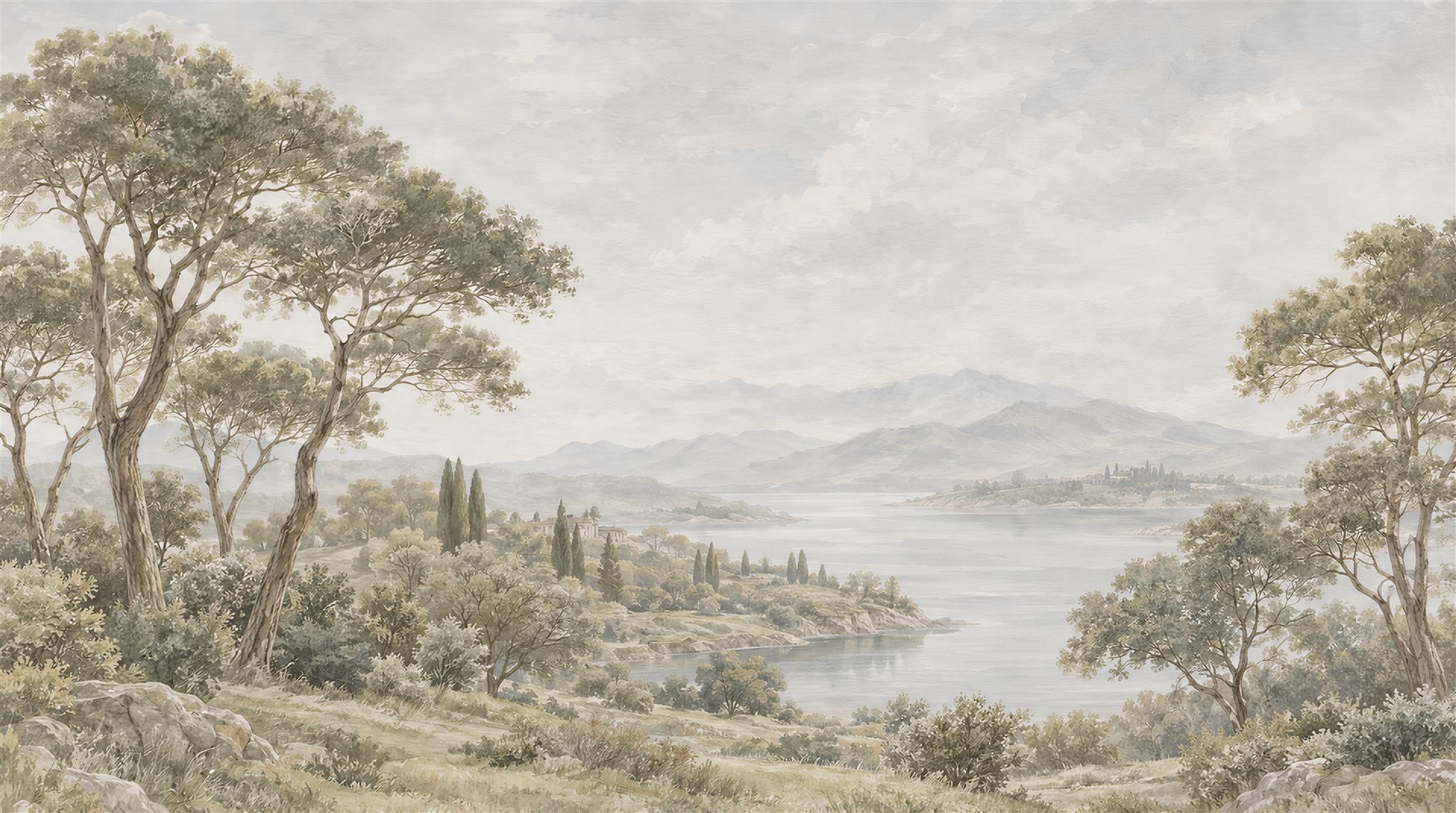 Grey And Neutral A Painterly Scenic View Wallpaper Mural, Peel-and-stick Finish