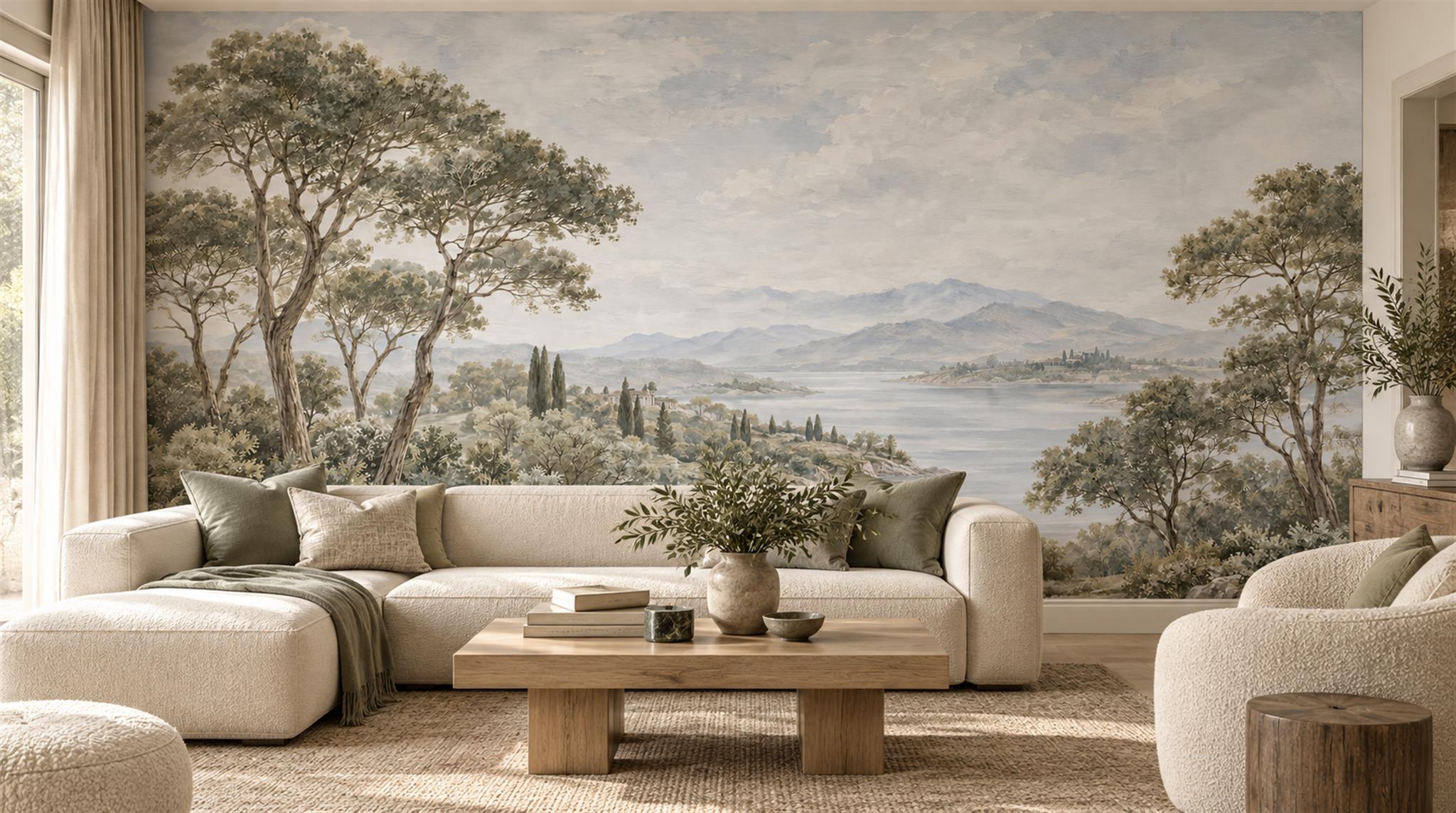 Sepia Lake And Mountain Landscape Framed By Trees Wallpaper Mural — Wallpaper Mural Design, Peel-and-stick Finish
