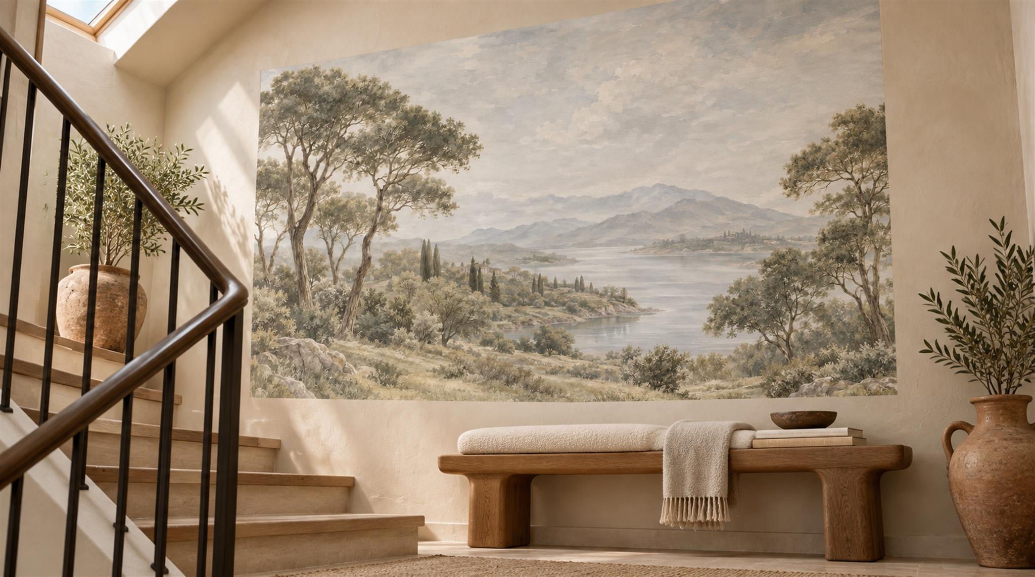 Grey And Neutral A Painterly Scenic View Wallpaper Mural Accent-wall-wallpaper-murals, Peel-and-stick Finish