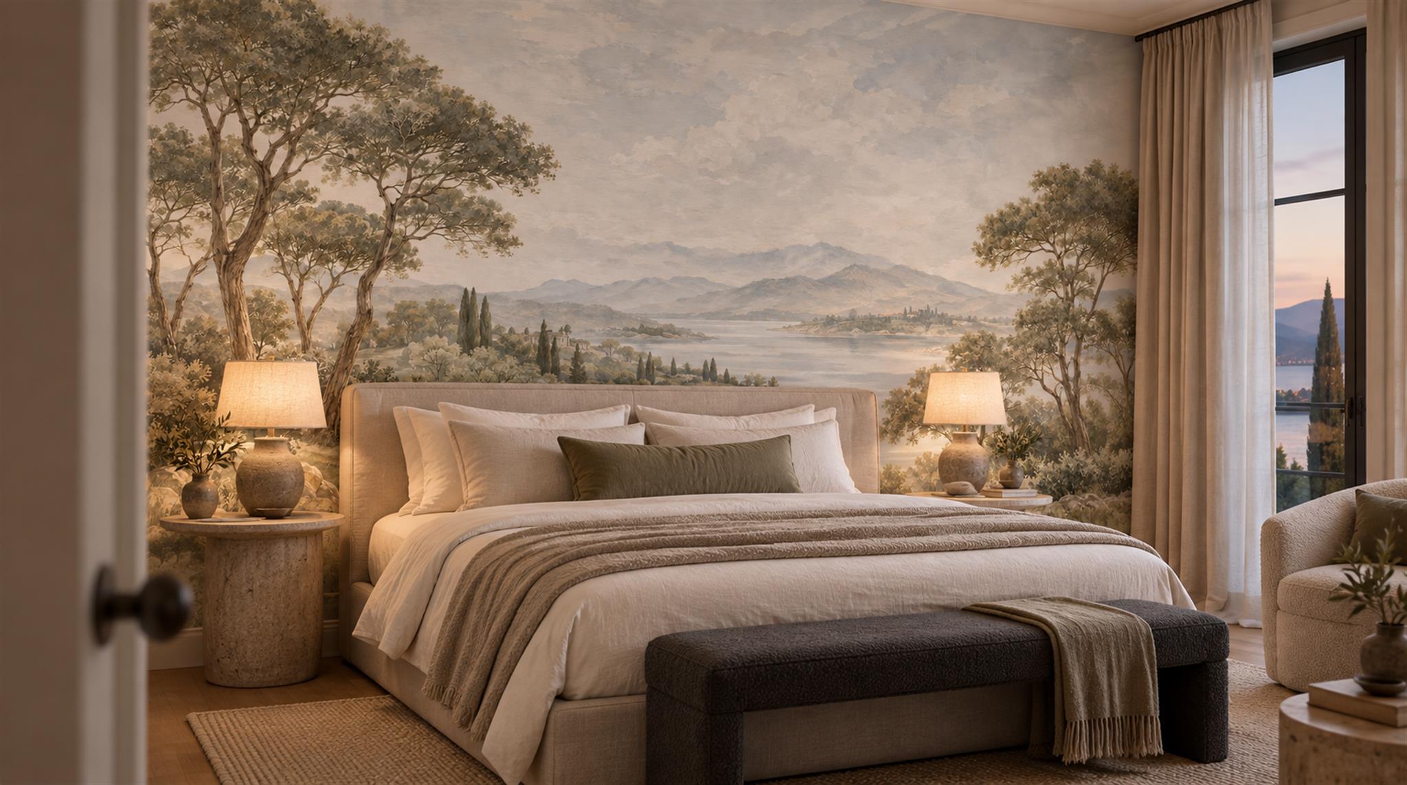 Grey And Neutral A Painterly Scenic View Wallpaper Mural Accent-wall-wallpaper-murals, Peel-and-stick Finish