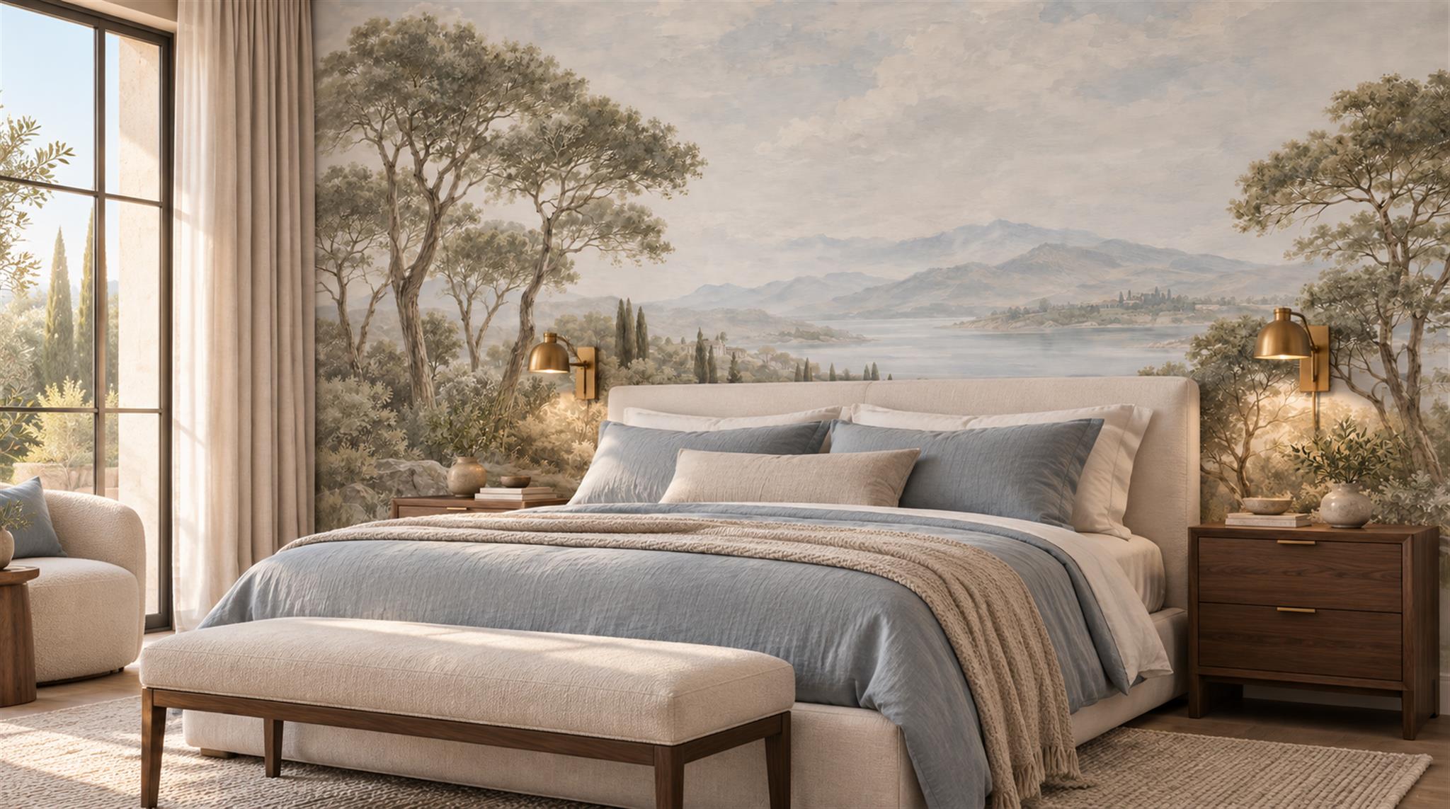 Grey And Neutral A Painterly Scenic View Wallpaper Mural Bedroom-wallpaper-murals, Peel-and-stick Finish