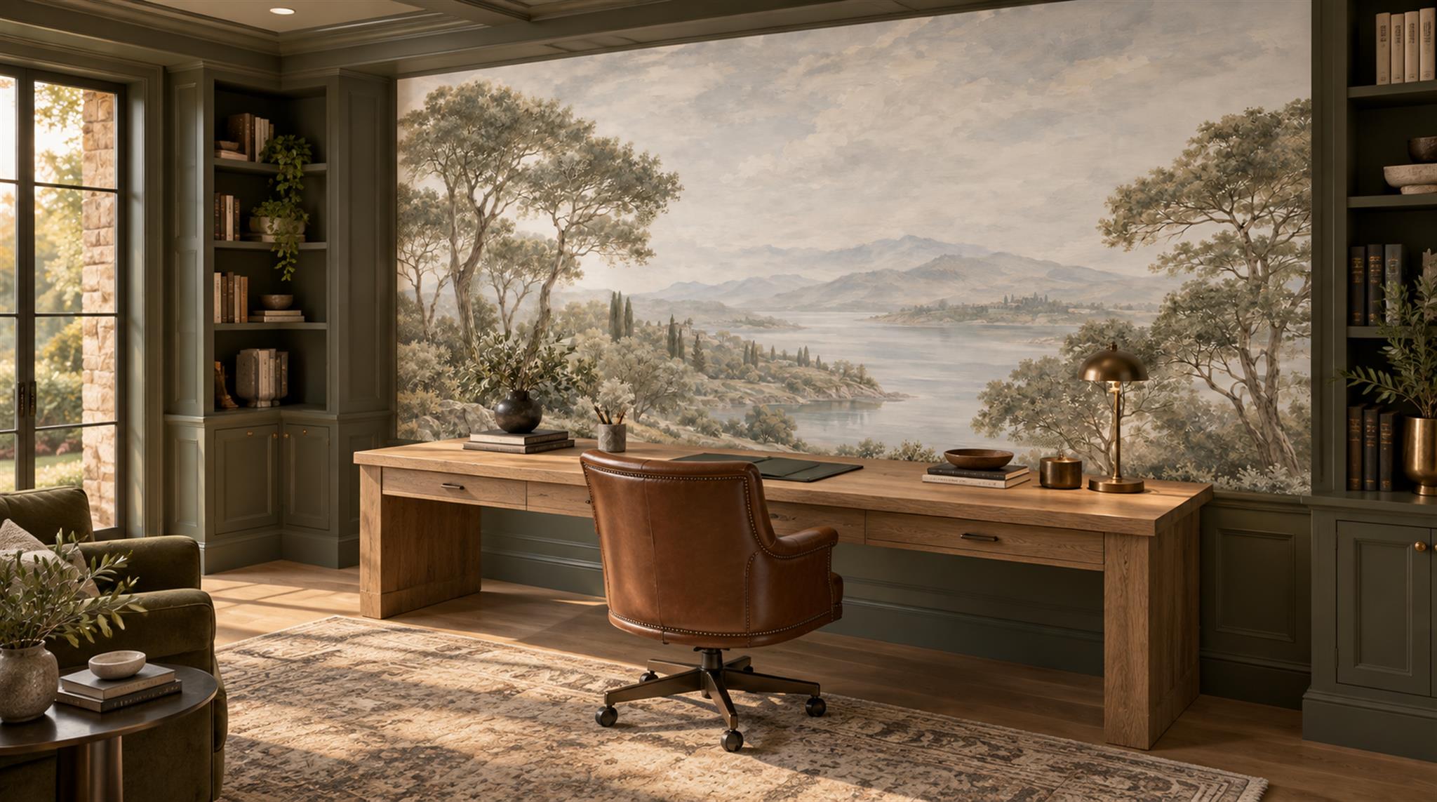 Grey And Neutral A Painterly Scenic View Wallpaper Mural Living-room-wallpaper-murals, Peel-and-stick Finish