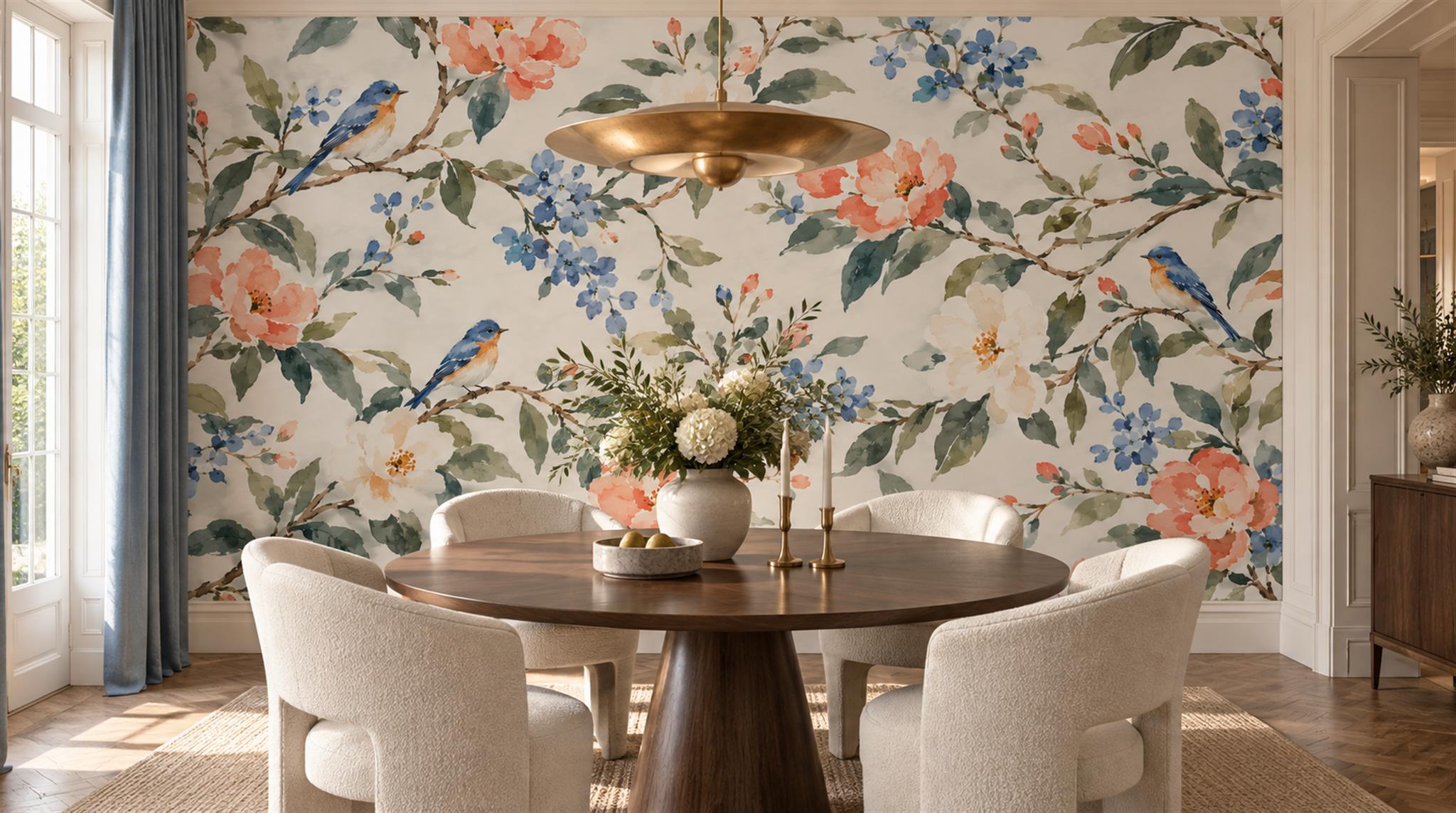 Ivory And Neutral Abstract Forms Painterly Wallpaper Mural Dining-room-wallpaper-murals, Shown In A Dining Room, Peel-and-stick Finish