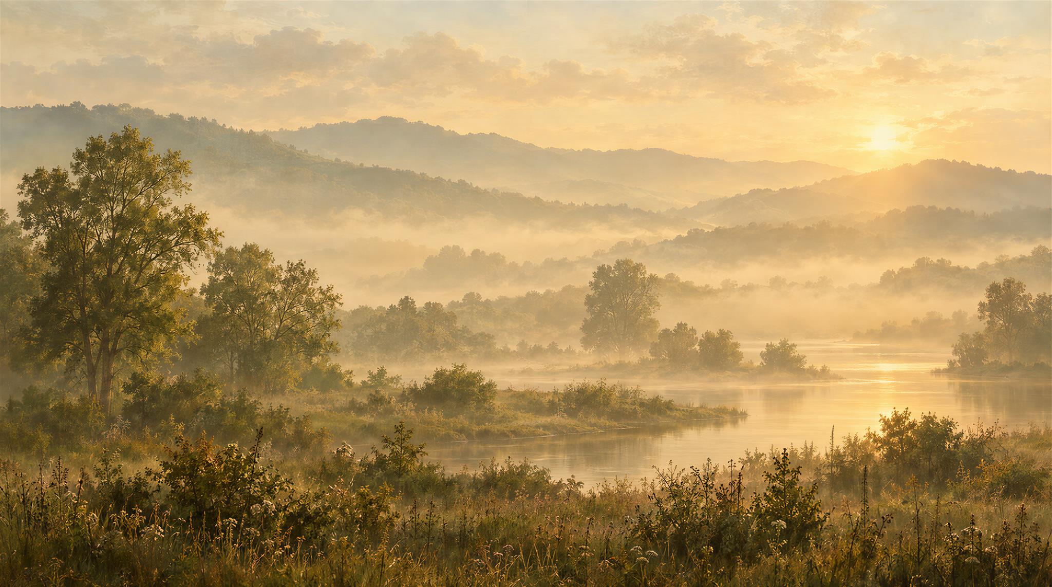 Gold And Neutral A Painterly Scenic View Wallpaper Mural, Peel-and-stick Finish