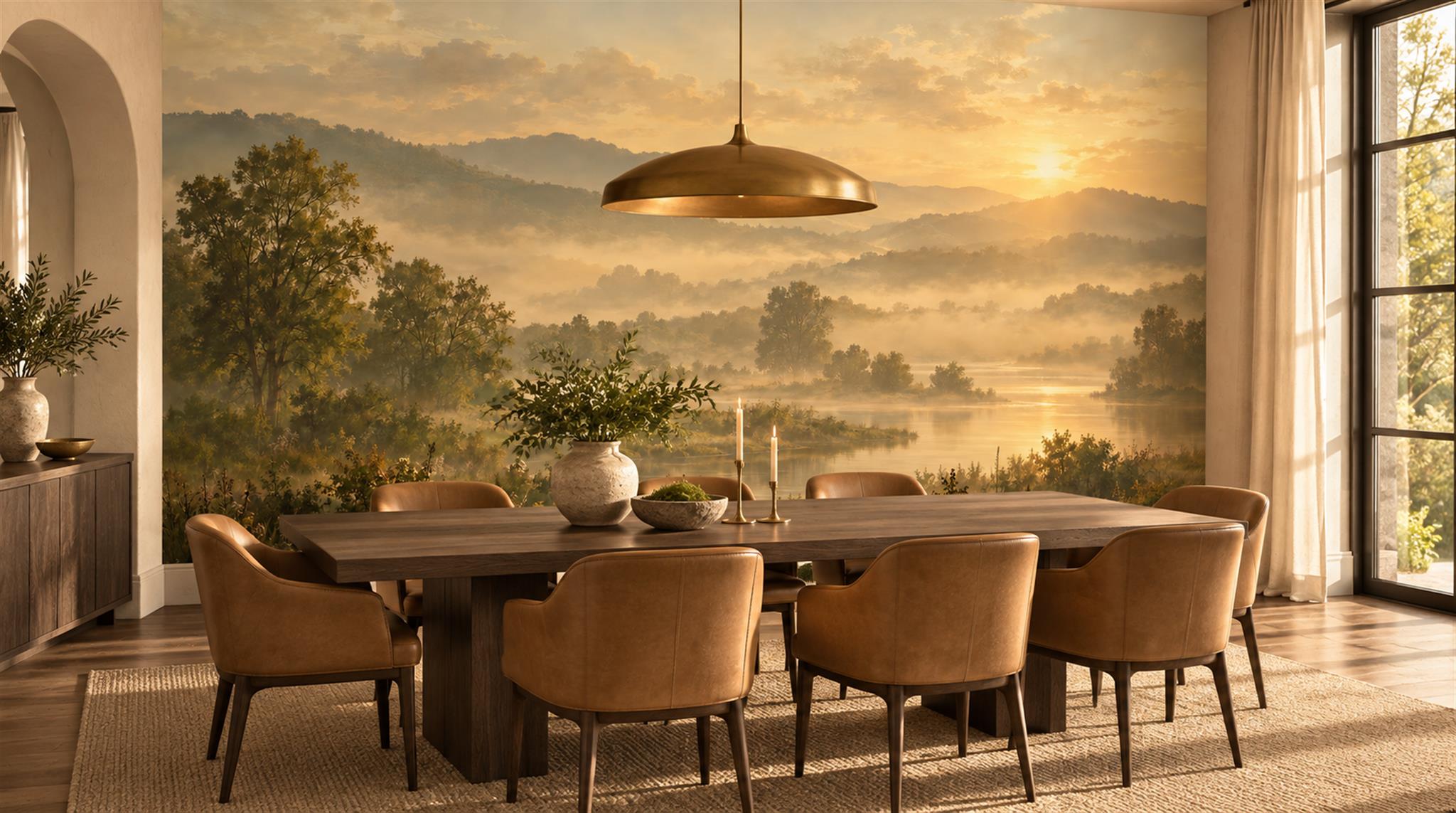 Gold And Neutral A Painterly Scenic View Wallpaper Mural Dining-room-wallpaper-murals, Shown In A Dining Room, Peel-and-stick Finish
