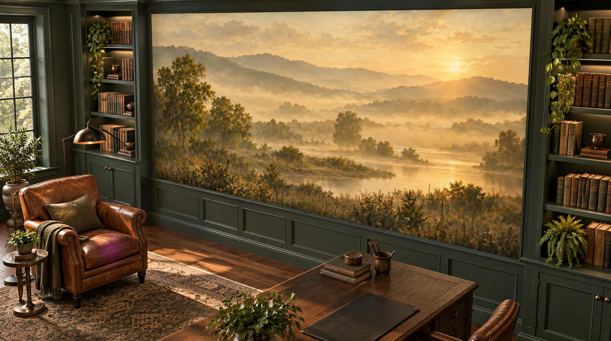 Gold And Neutral A Painterly Scenic View Wallpaper Mural Library-wallpaper-murals, Peel-and-stick Finish