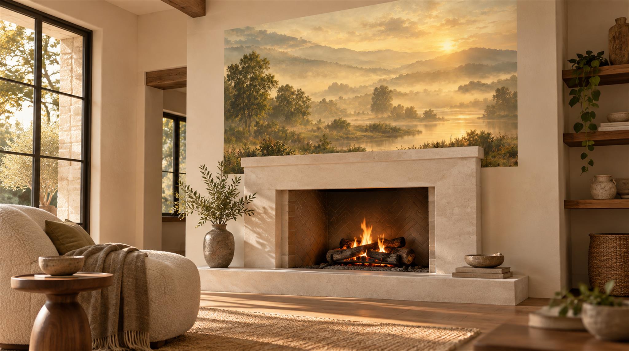 Gold And Neutral A Painterly Scenic View Wallpaper Mural Accent-wall-wallpaper-murals, Peel-and-stick Finish