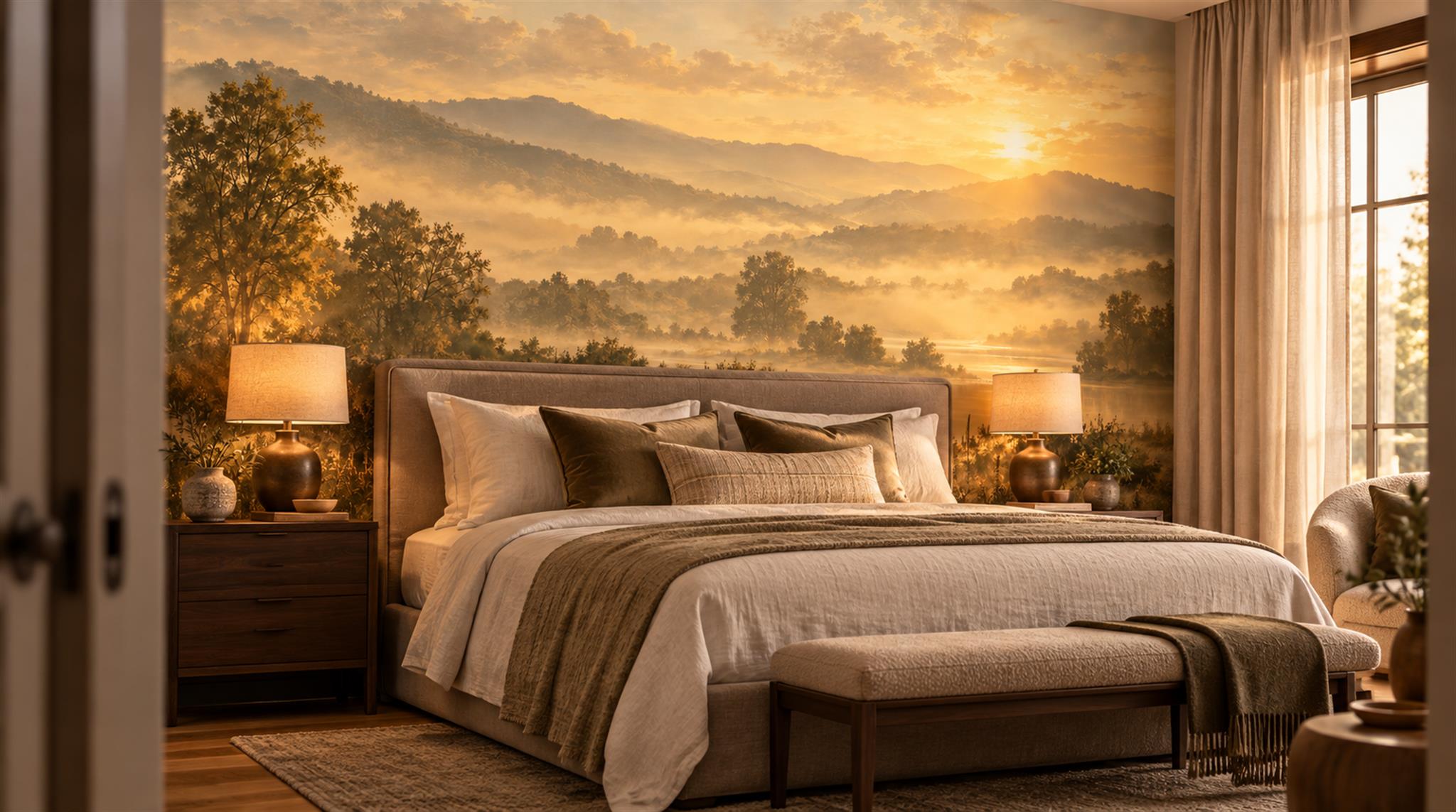 Gold And Neutral A Painterly Scenic View Wallpaper Mural, Peel-and-stick Finish