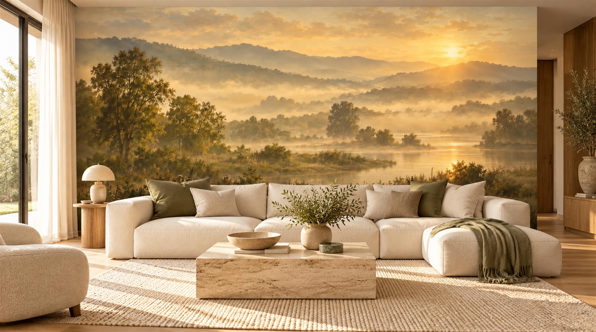 Gold And Neutral A Painterly Scenic View Wallpaper Mural Living-room-wallpaper-murals, Shown In A Living Room, Peel-and-stick Finish