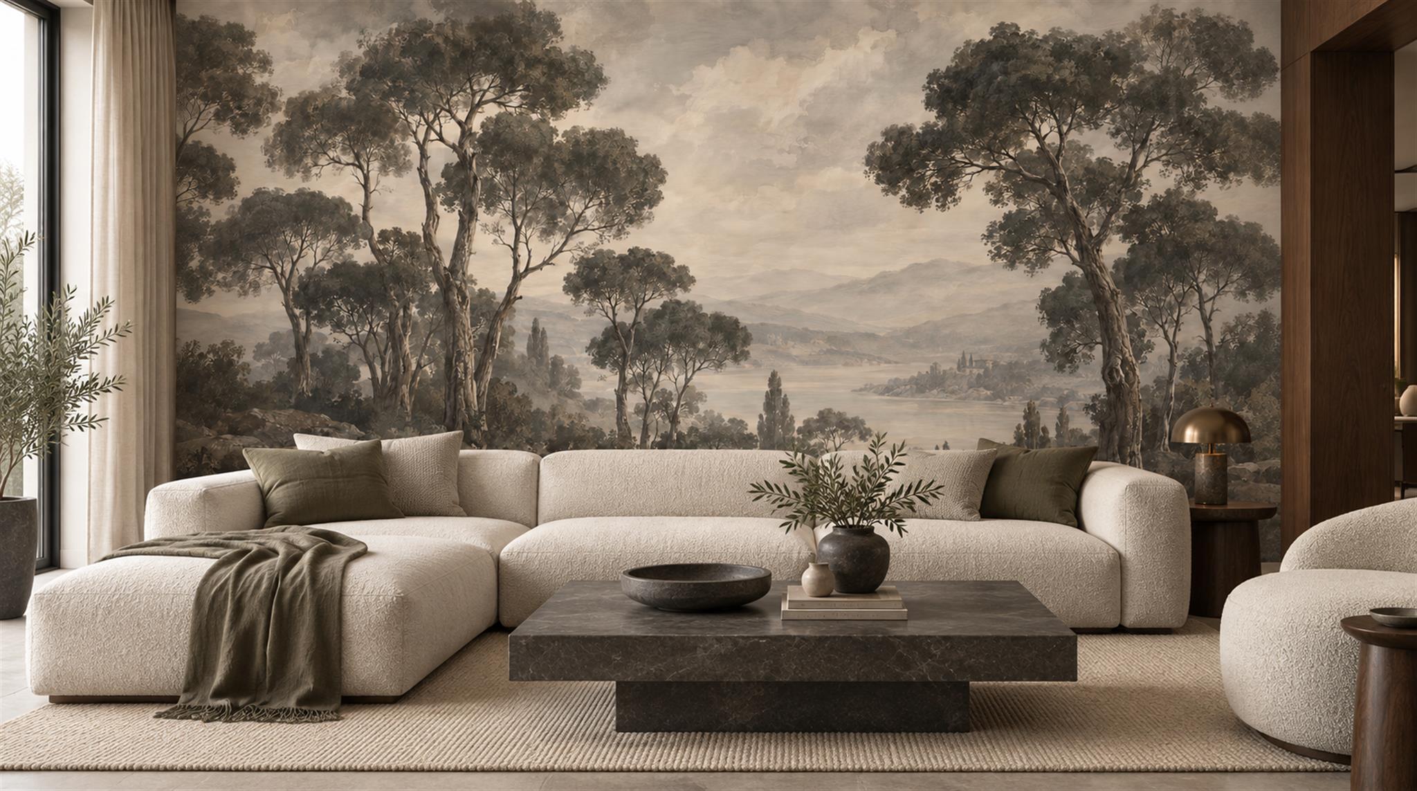 Neutral A Painterly Scenic View Wallpaper Mural Living-room-wallpaper-murals, Shown In A Living Room, Peel-and-stick Finish