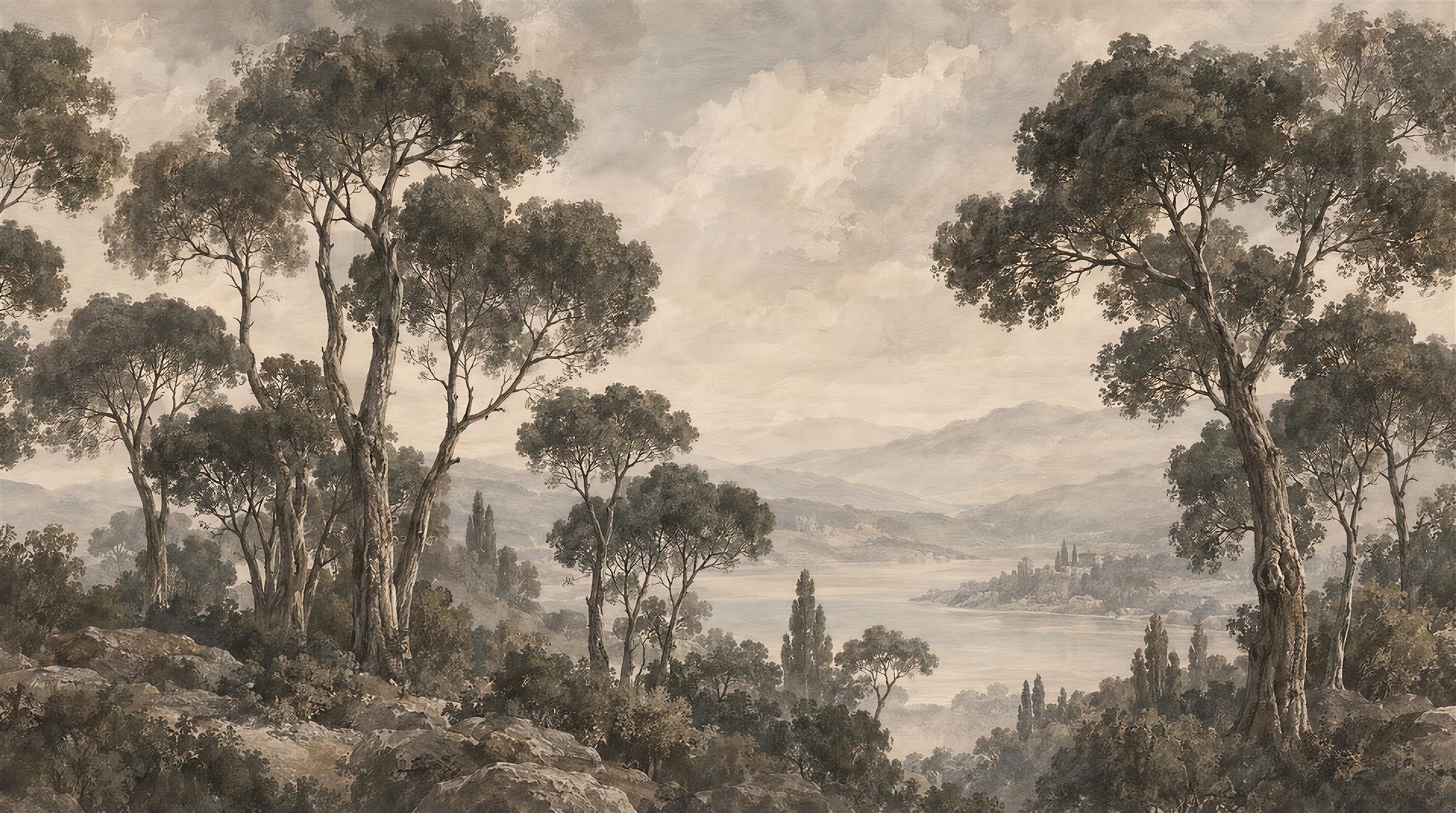 Neutral A Painterly Scenic View Wallpaper Mural, Peel-and-stick Finish