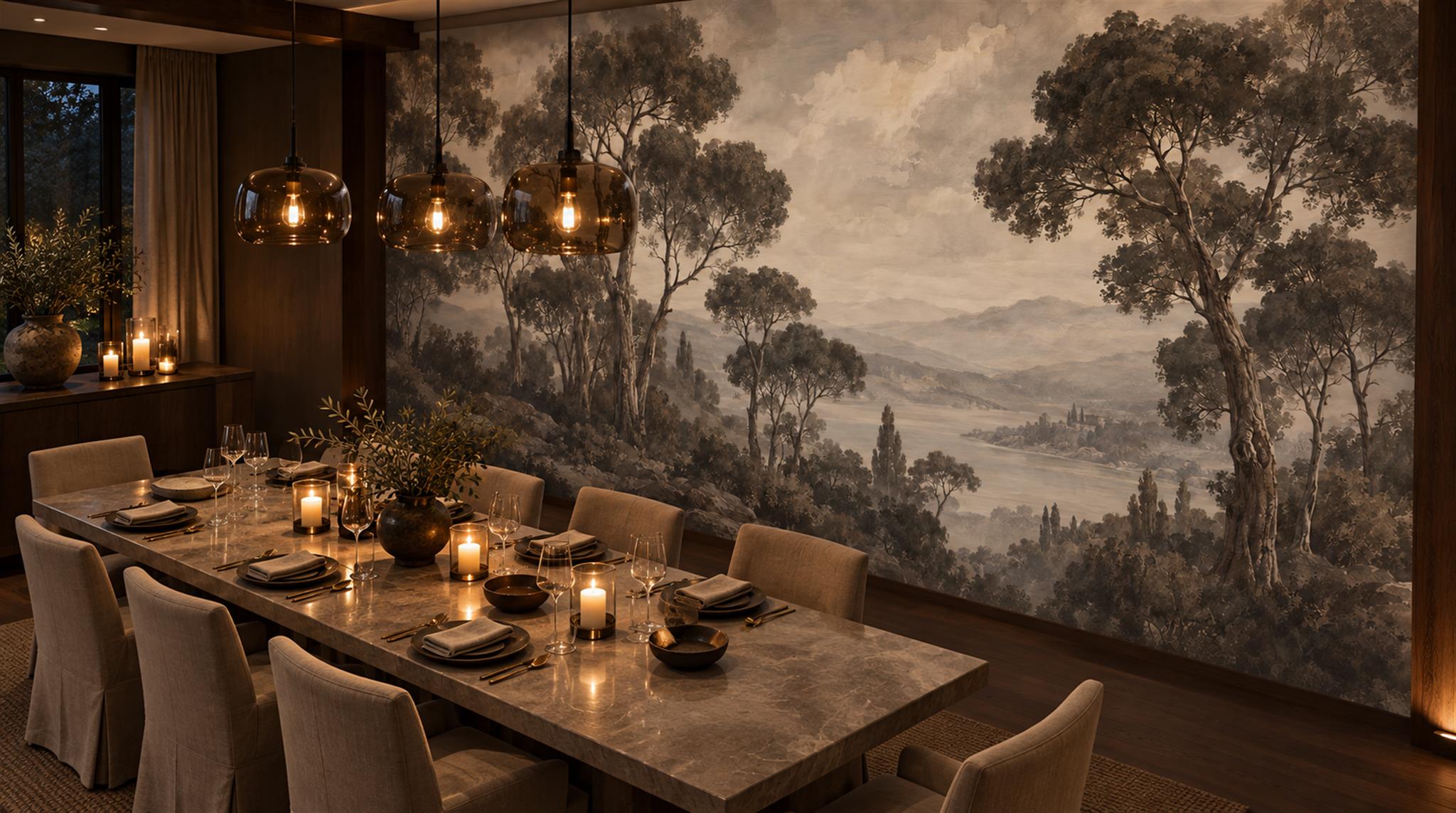 Neutral A Painterly Scenic View Wallpaper Mural Dining-room-wallpaper-murals, Shown In A Dining Room, Peel-and-stick Finish