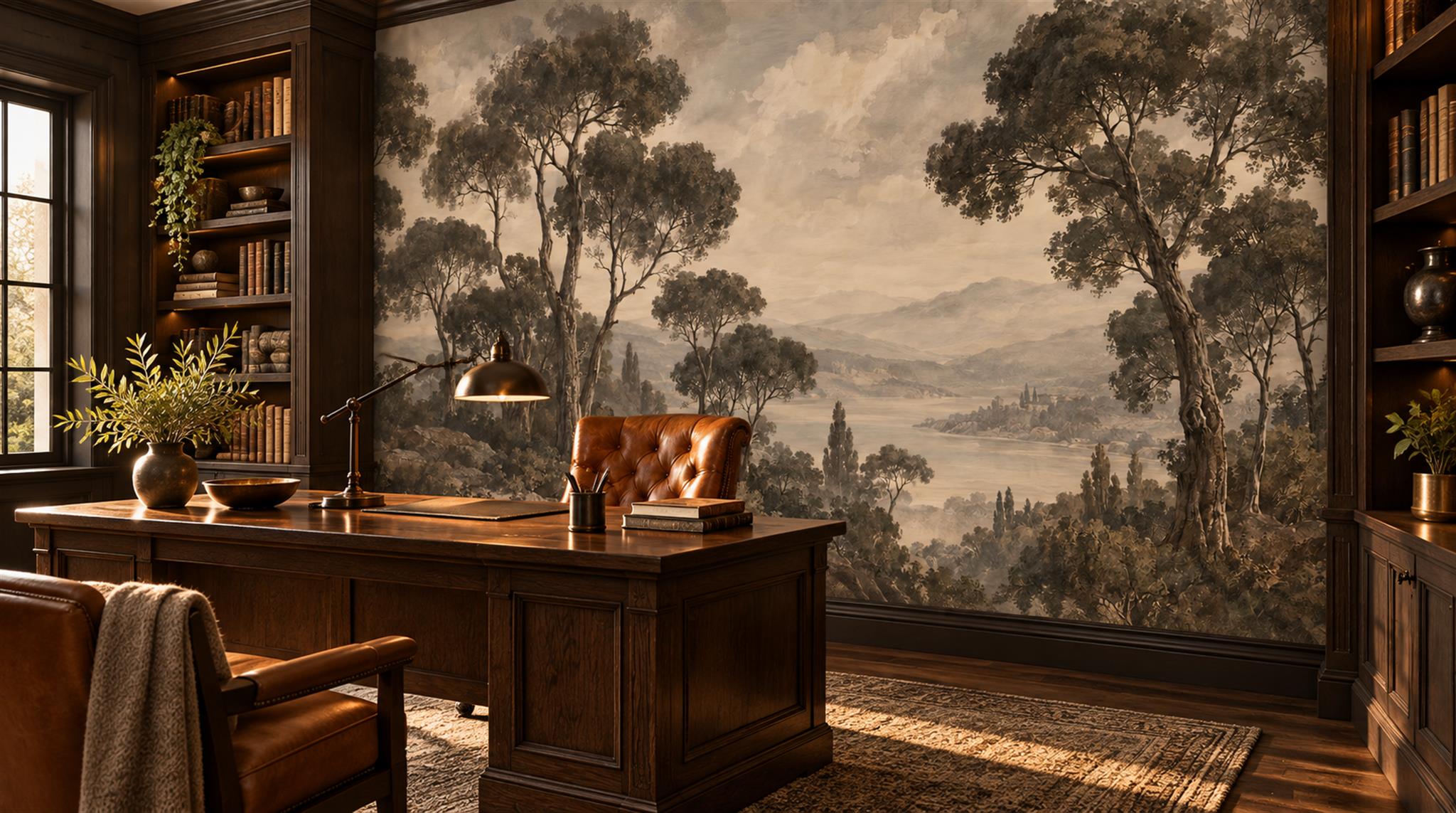 Sepia Woodland Lake With Distant Village Wallpaper Mural — Wallpaper Mural Design, Peel-and-stick Finish