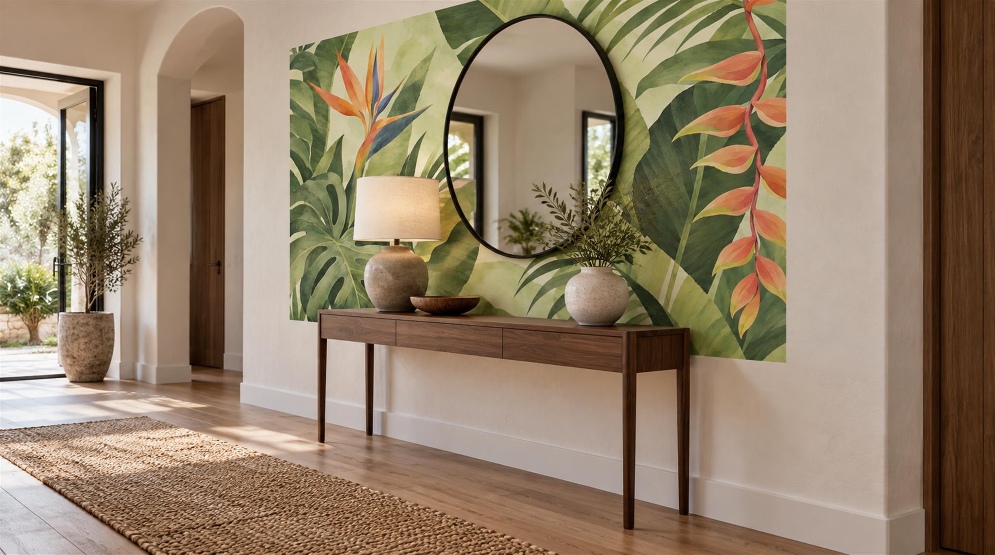 Green And Neutral Abstract Forms Wallpaper Mural Entryway-wallpaper-murals, Peel-and-stick Finish