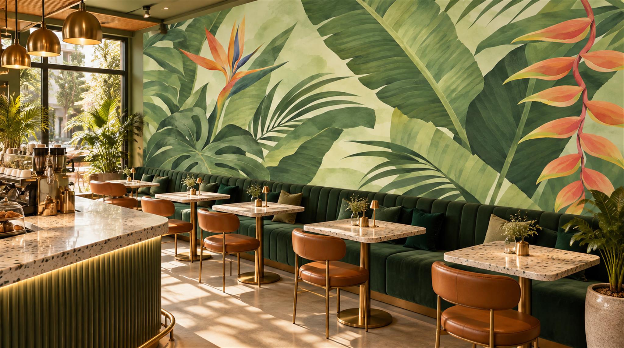 Green And Neutral Abstract Forms Wallpaper Mural Cafe-wallpaper-murals, Peel-and-stick Finish