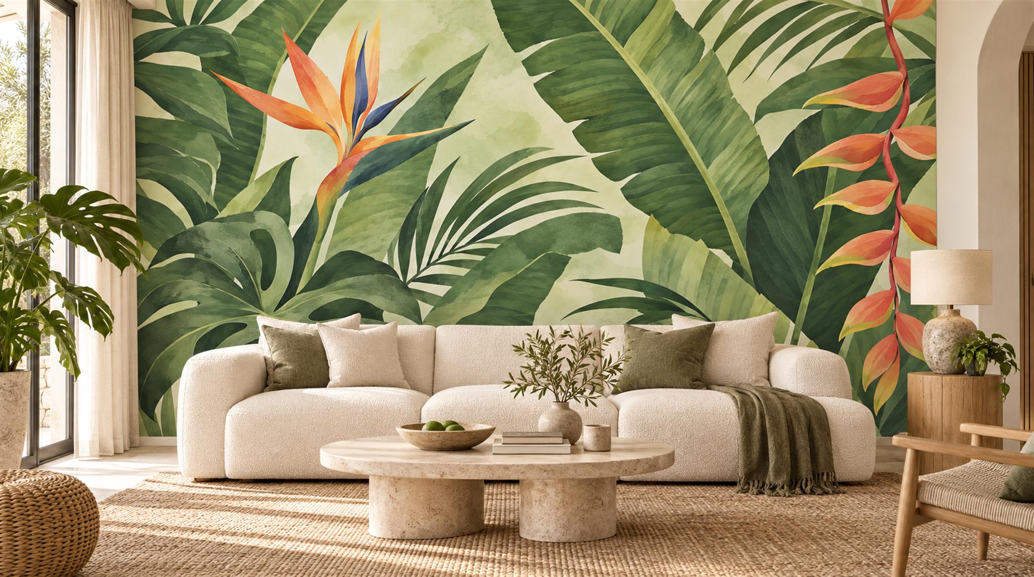 Green And Neutral Abstract Forms Wallpaper Mural Living-room-wallpaper-murals, Peel-and-stick Finish