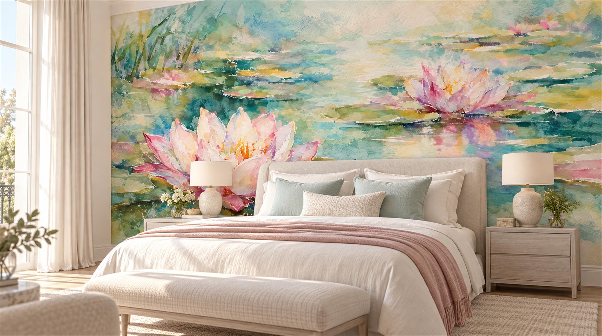 Aqua And Neutral Abstract Forms Wallpaper Mural Bedroom-wallpaper-murals, Peel-and-stick Finish