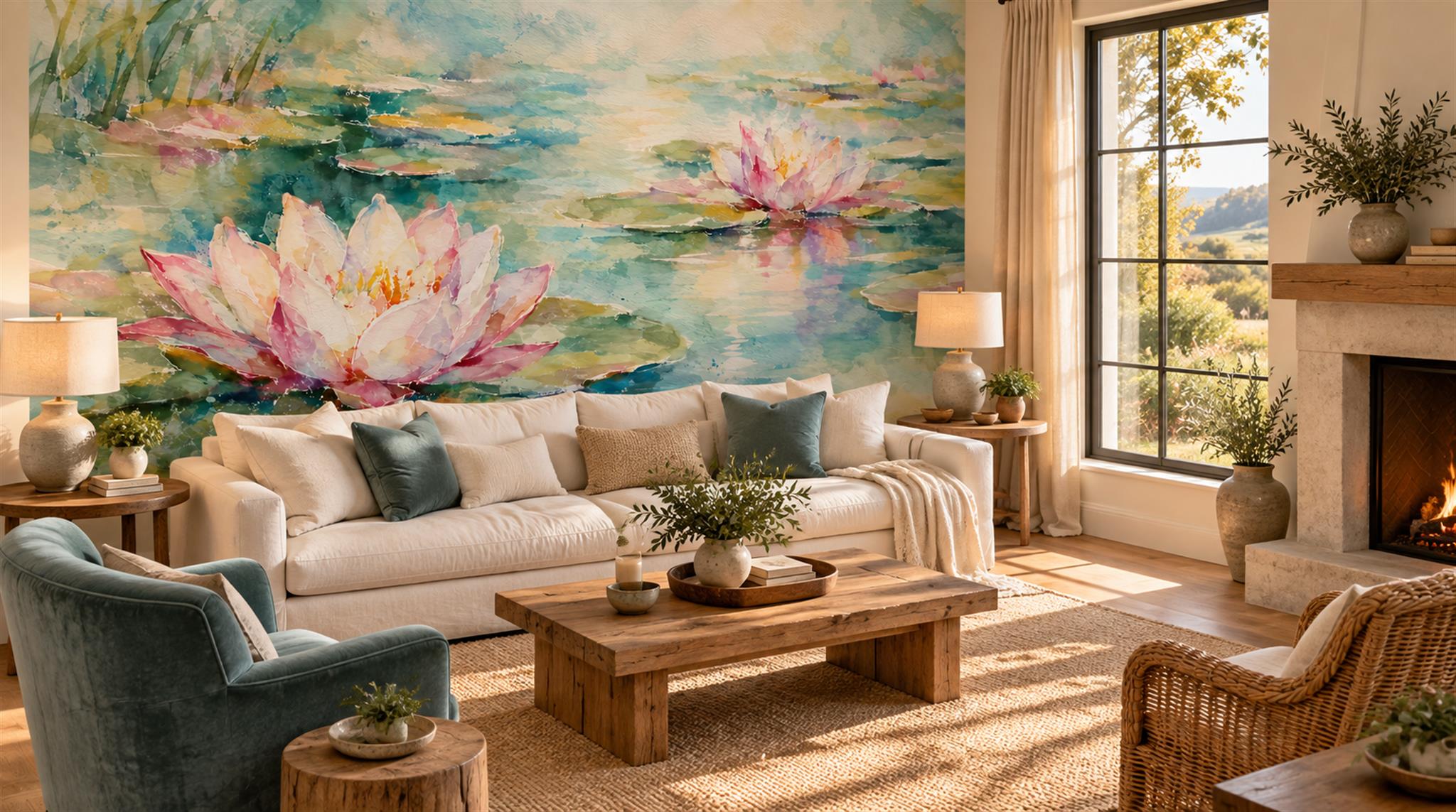 Aqua And Neutral Abstract Forms Wallpaper Mural Accent-wall-wallpaper-murals, Peel-and-stick Finish