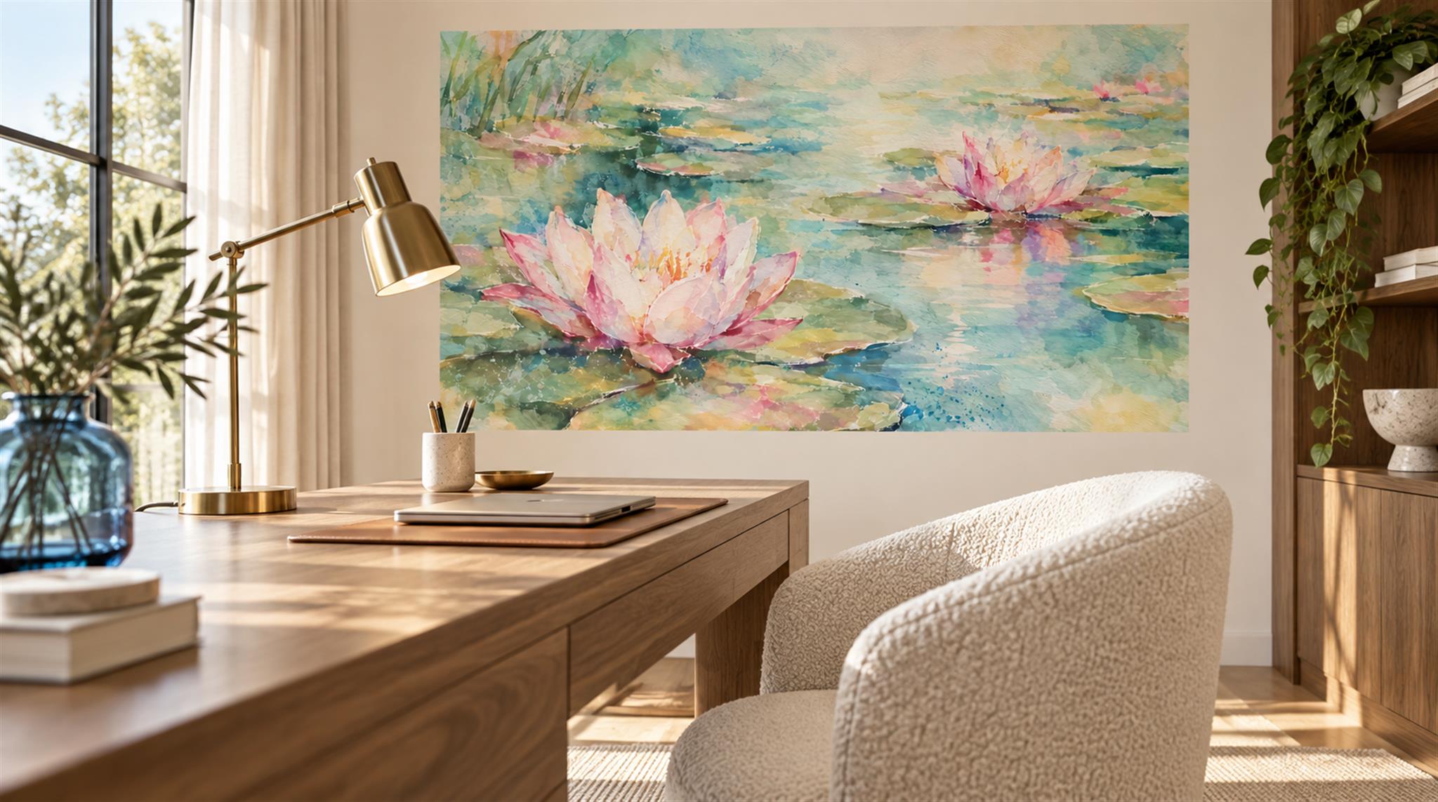 Aqua And Neutral Abstract Forms Wallpaper Mural Office-wallpaper-murals, Shown In A Home Office, Peel-and-stick Finish
