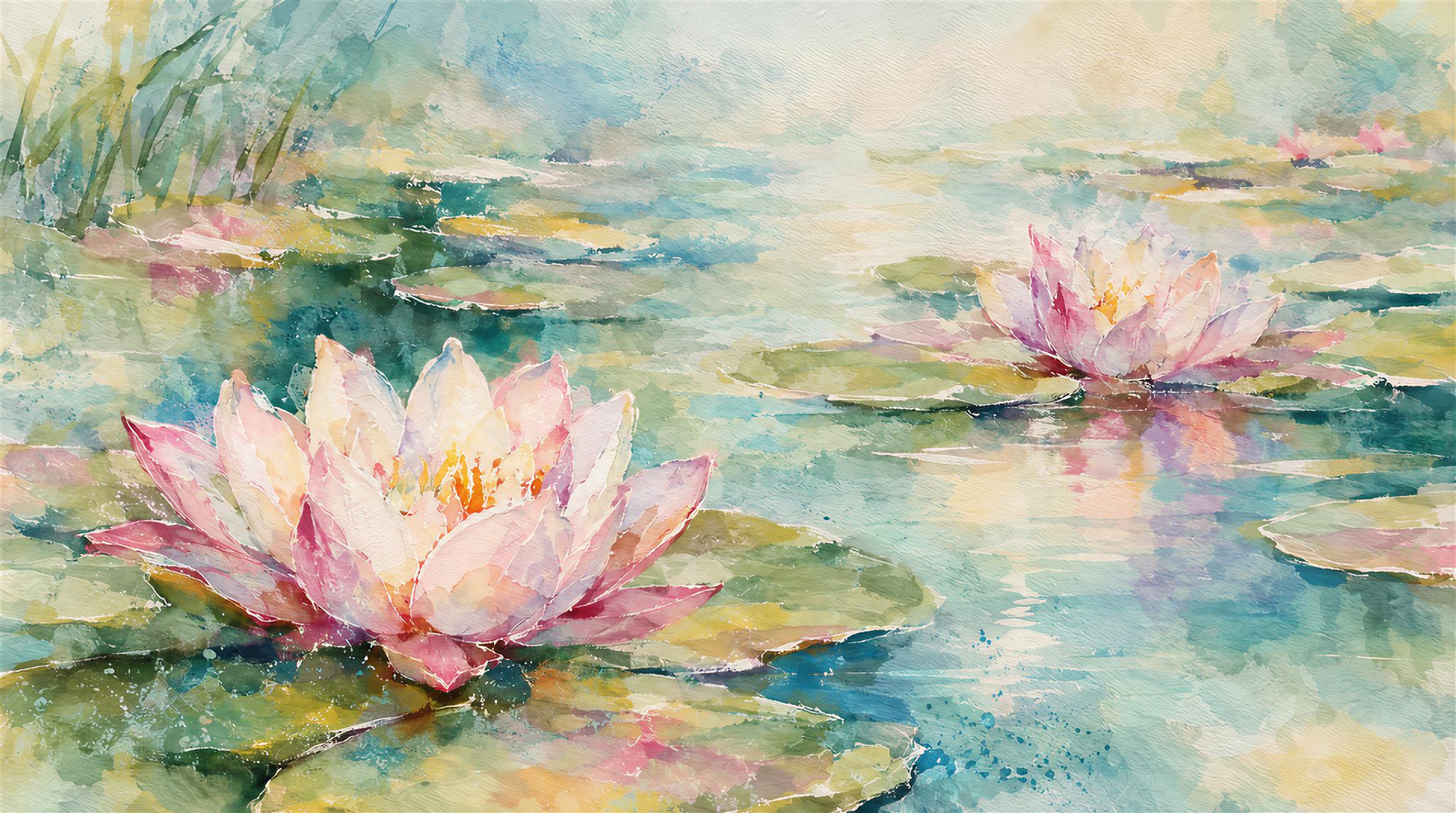 Pink Lotus Flowers On A Watercolour Pond Wallpaper Mural — Wallpaper Mural Design, Peel-and-stick Finish