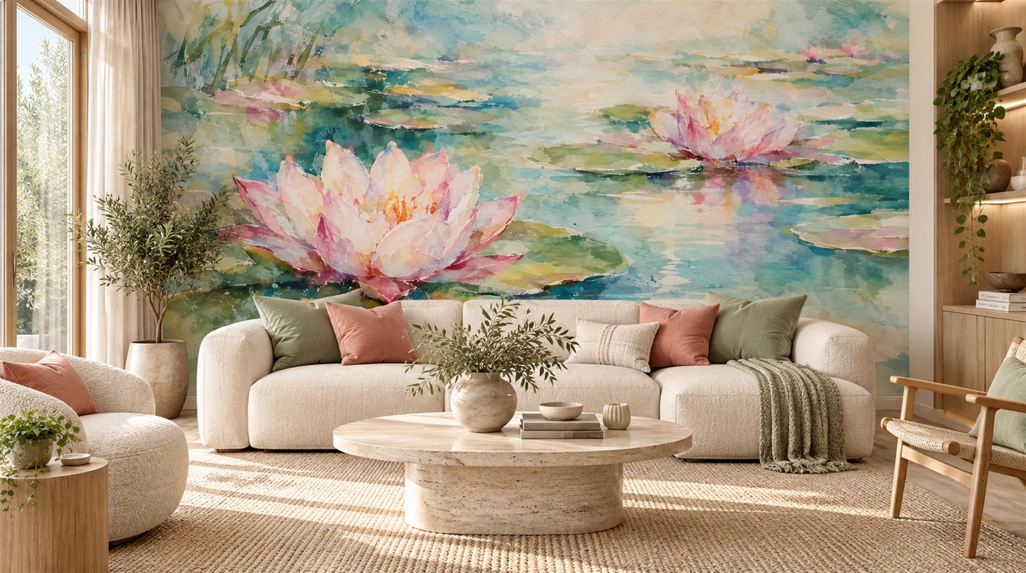 Aqua And Neutral Abstract Forms Wallpaper Mural Living-room-wallpaper-murals, Shown In A Living Room, Peel-and-stick Finish