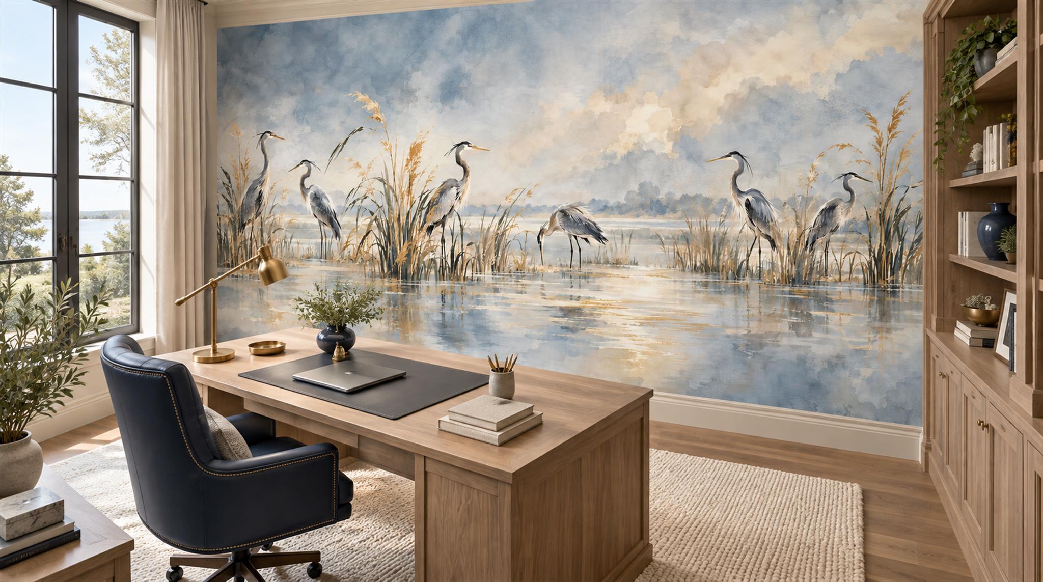 Grey And Neutral Abstract Forms Layered Wallpaper Mural Home-office-wallpaper-murals, Shown In A Home Office, Peel-and-stick Finish