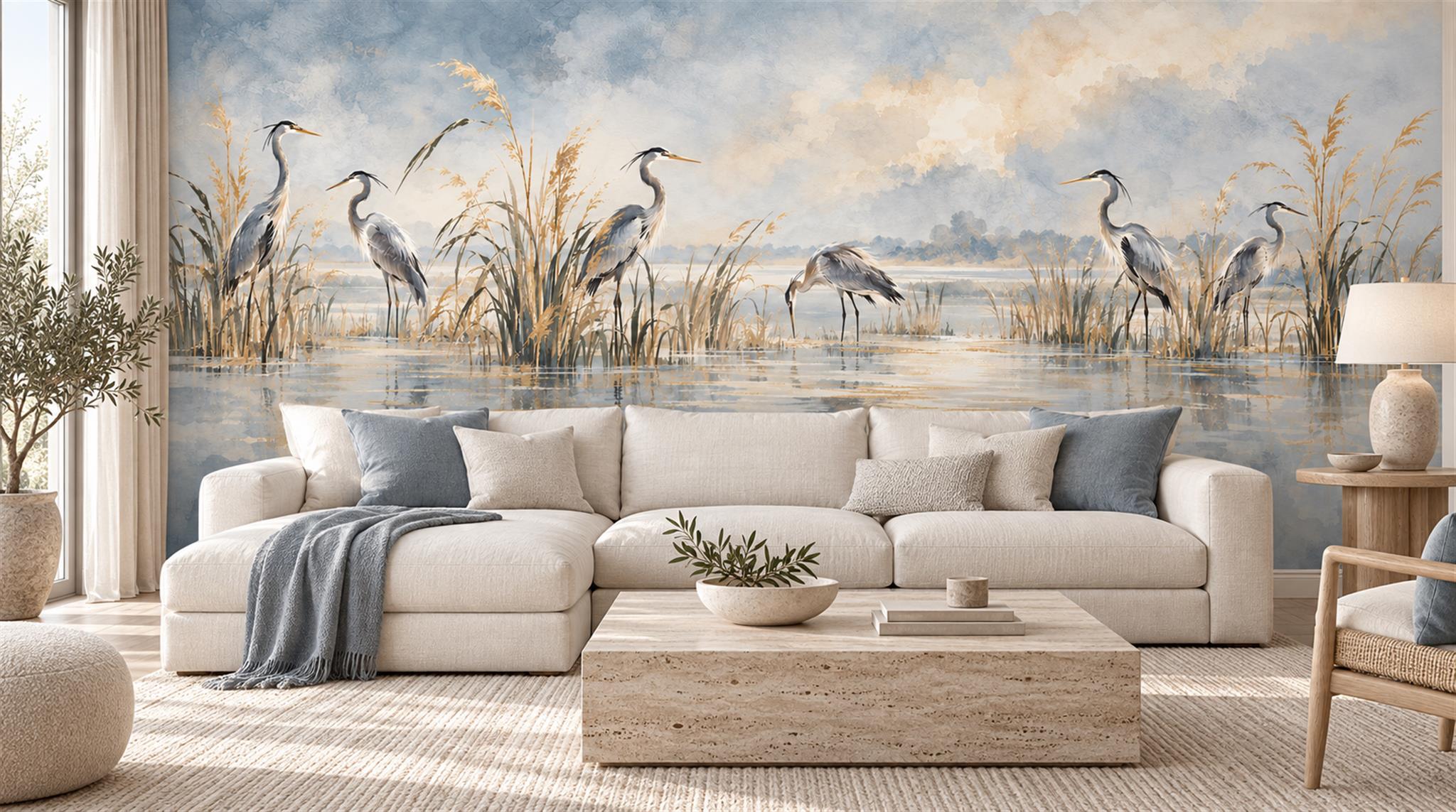 Herons In A Misty Blue Marsh Wallpaper Mural — Wallpaper Mural Design, Peel-and-stick Finish