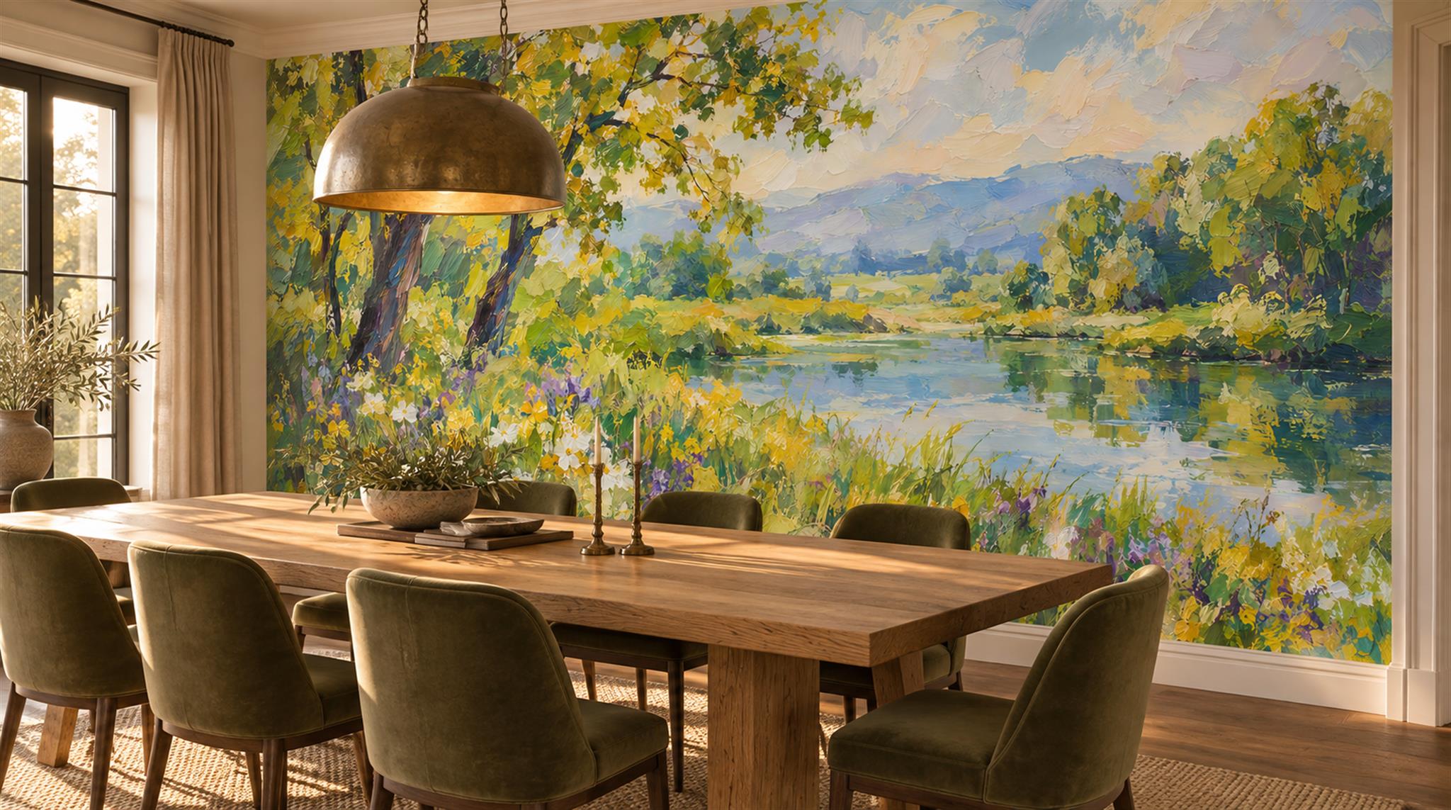 Red And Neutral Abstract Forms Painterly Wallpaper Mural Dining-room-wallpaper-murals, Shown In A Dining Room, Peel-and-stick Finish