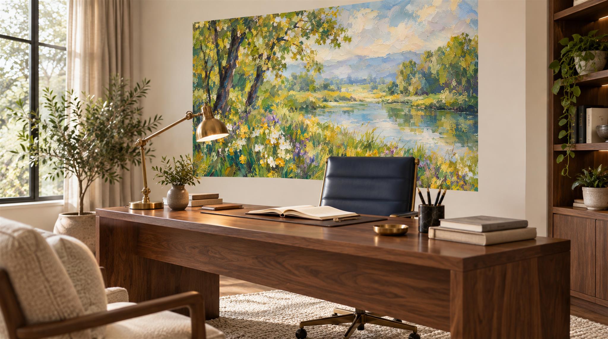Red And Neutral Abstract Forms Painterly Wallpaper Mural Office-wallpaper-murals, Shown In A Home Office, Peel-and-stick Finish