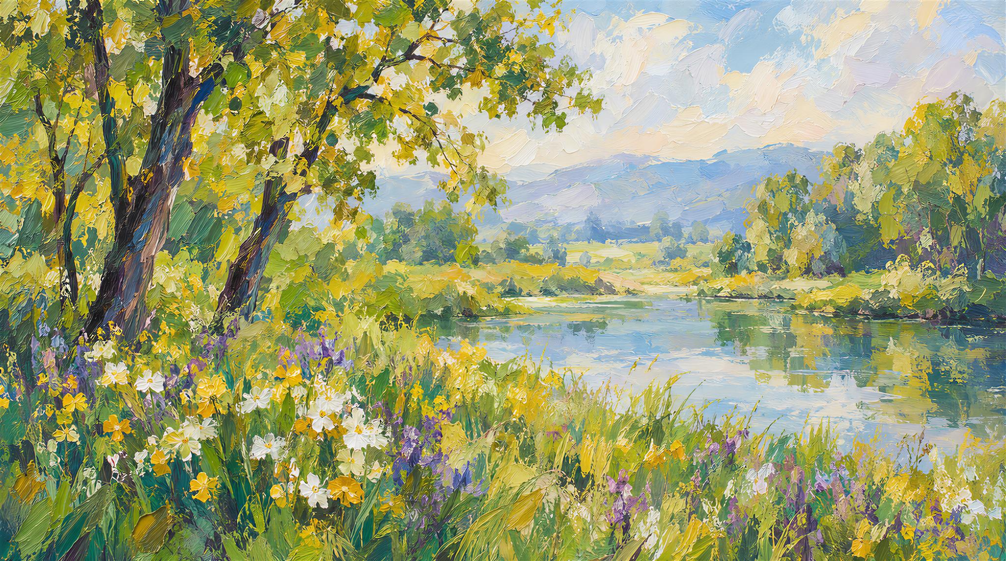 Sunlit Riverside Meadow With Wildflowers Wallpaper Mural — Wallpaper Mural Design, Peel-and-stick Finish