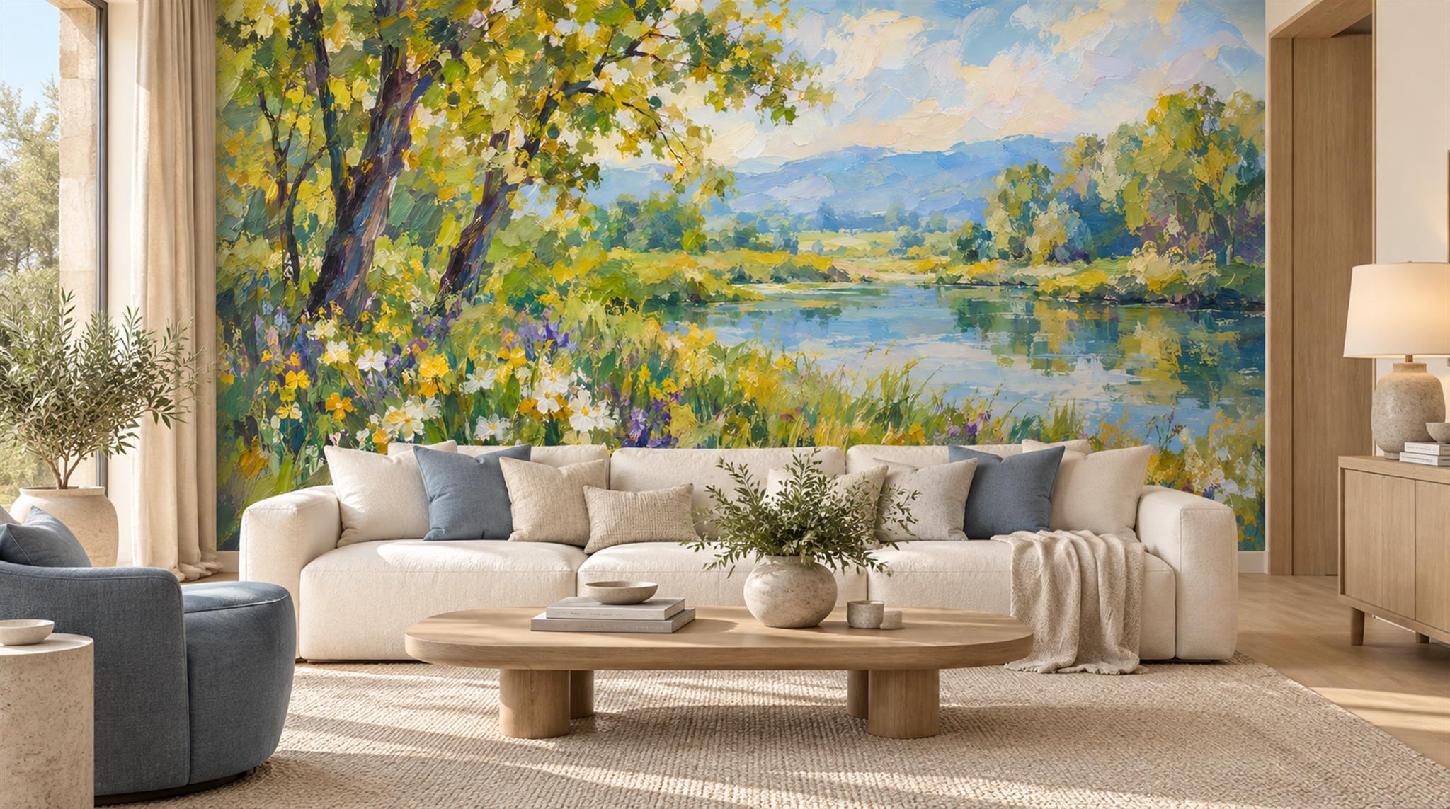 Red And Neutral Abstract Forms Painterly Wallpaper Mural Living-room-wallpaper-murals, Shown In A Living Room, Peel-and-stick Finish
