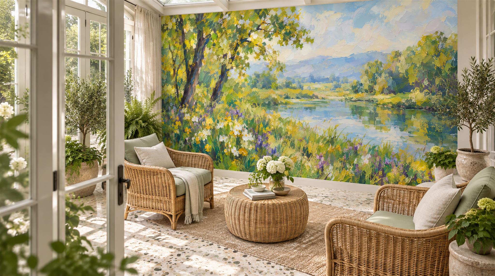 Red And Neutral Abstract Forms Painterly Wallpaper Mural Accent-wall-wallpaper-murals, Peel-and-stick Finish