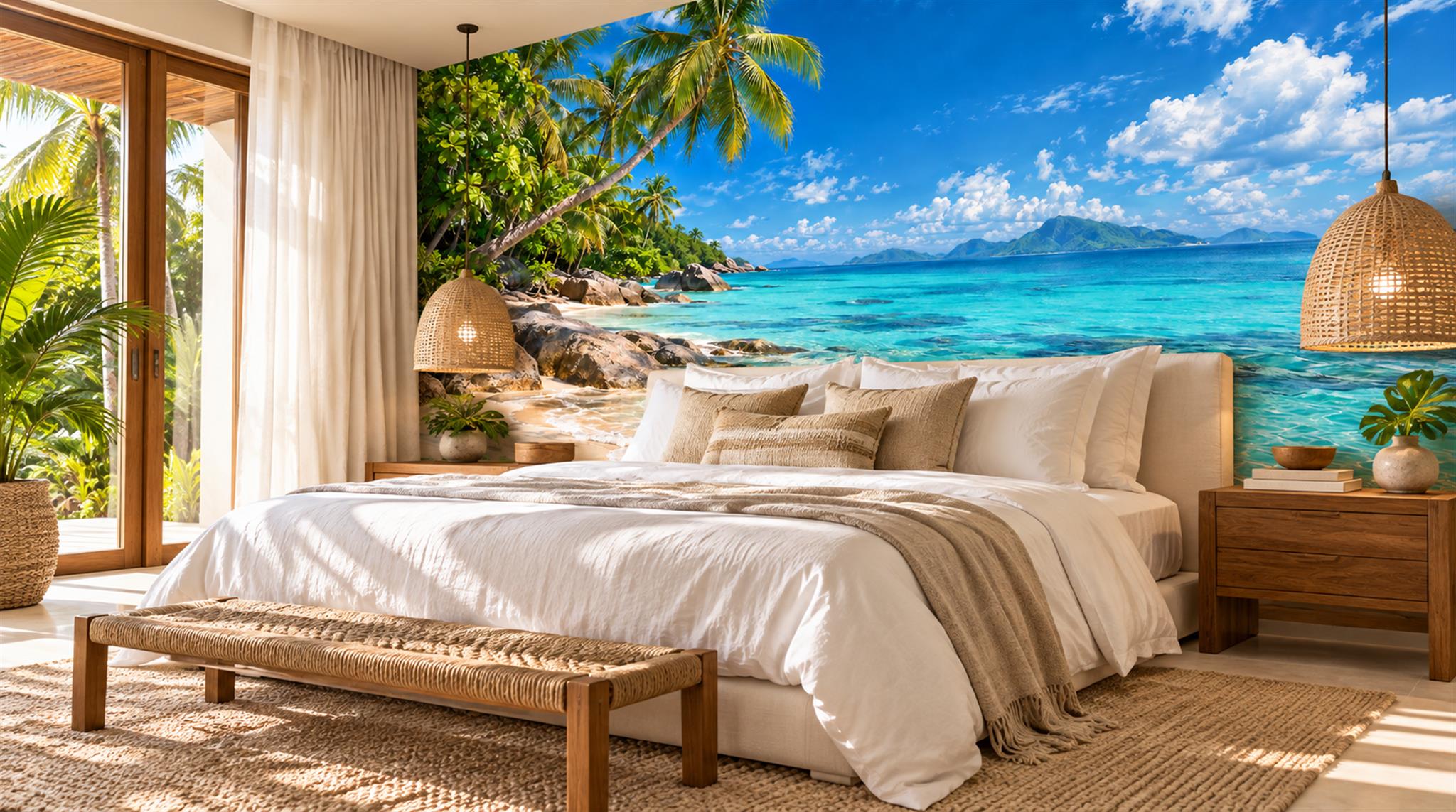 Aqua And Neutral A Coastal Scene Wallpaper Mural Accent-wall-wallpaper-murals, Peel-and-stick Finish