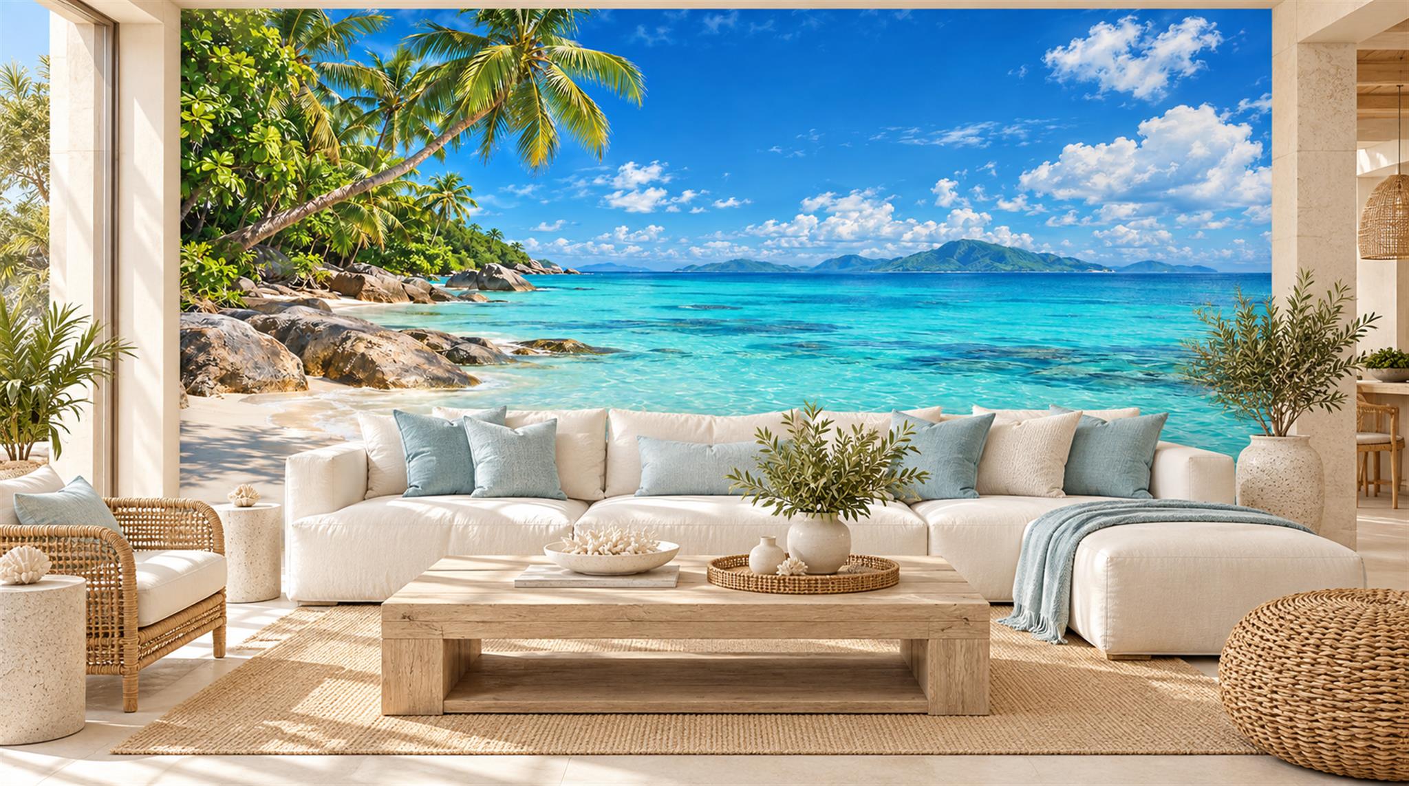 Aqua And Neutral A Coastal Scene Wallpaper Mural Accent-wall-wallpaper-murals, Peel-and-stick Finish