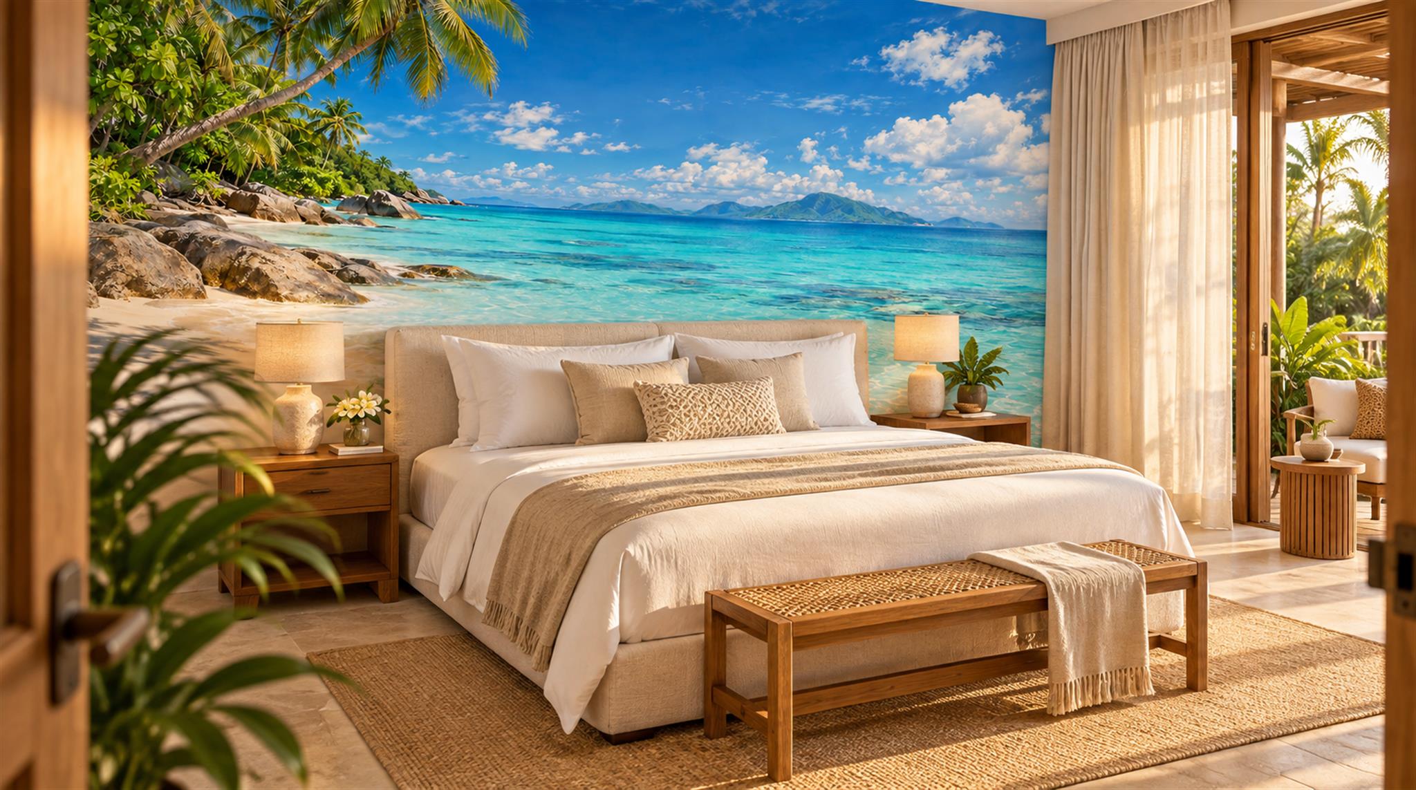 Aqua And Neutral A Coastal Scene Wallpaper Mural Accent-wall-wallpaper-murals, Peel-and-stick Finish