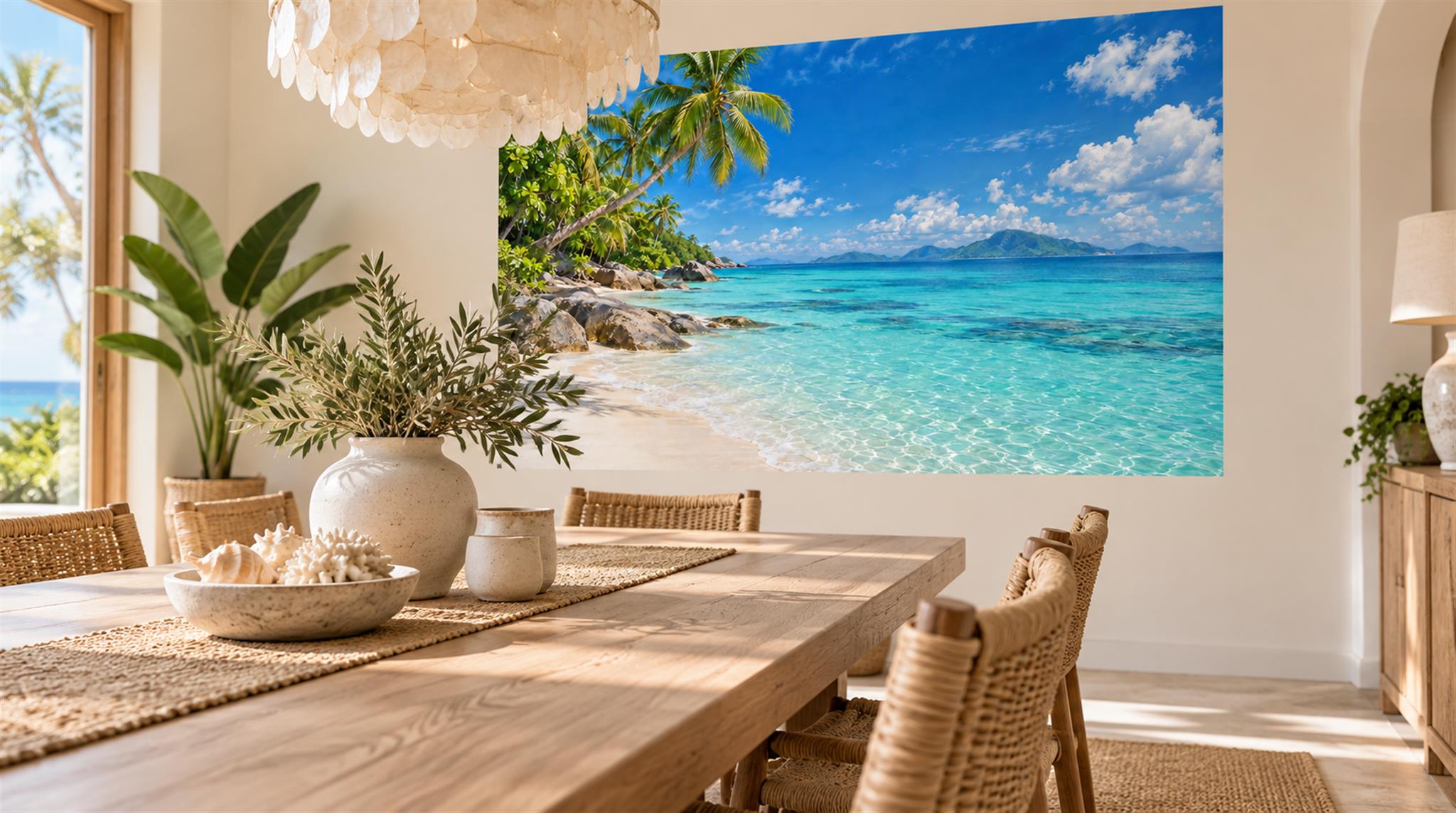 Aqua And Neutral A Coastal Scene Wallpaper Mural Accent-wall-wallpaper-murals, Peel-and-stick Finish