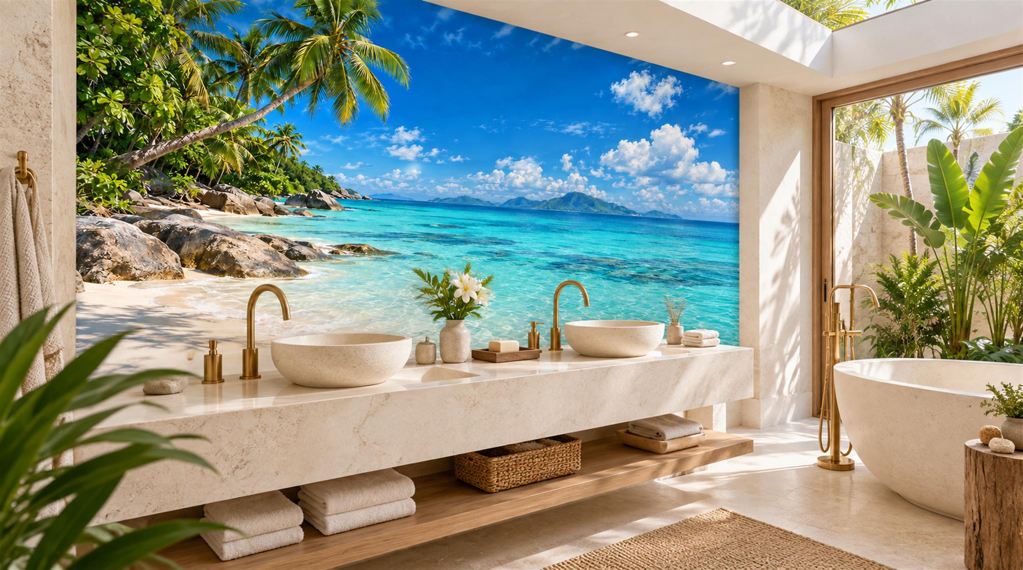 Aqua And Neutral A Coastal Scene Wallpaper Mural Accent-wall-wallpaper-murals, Peel-and-stick Finish
