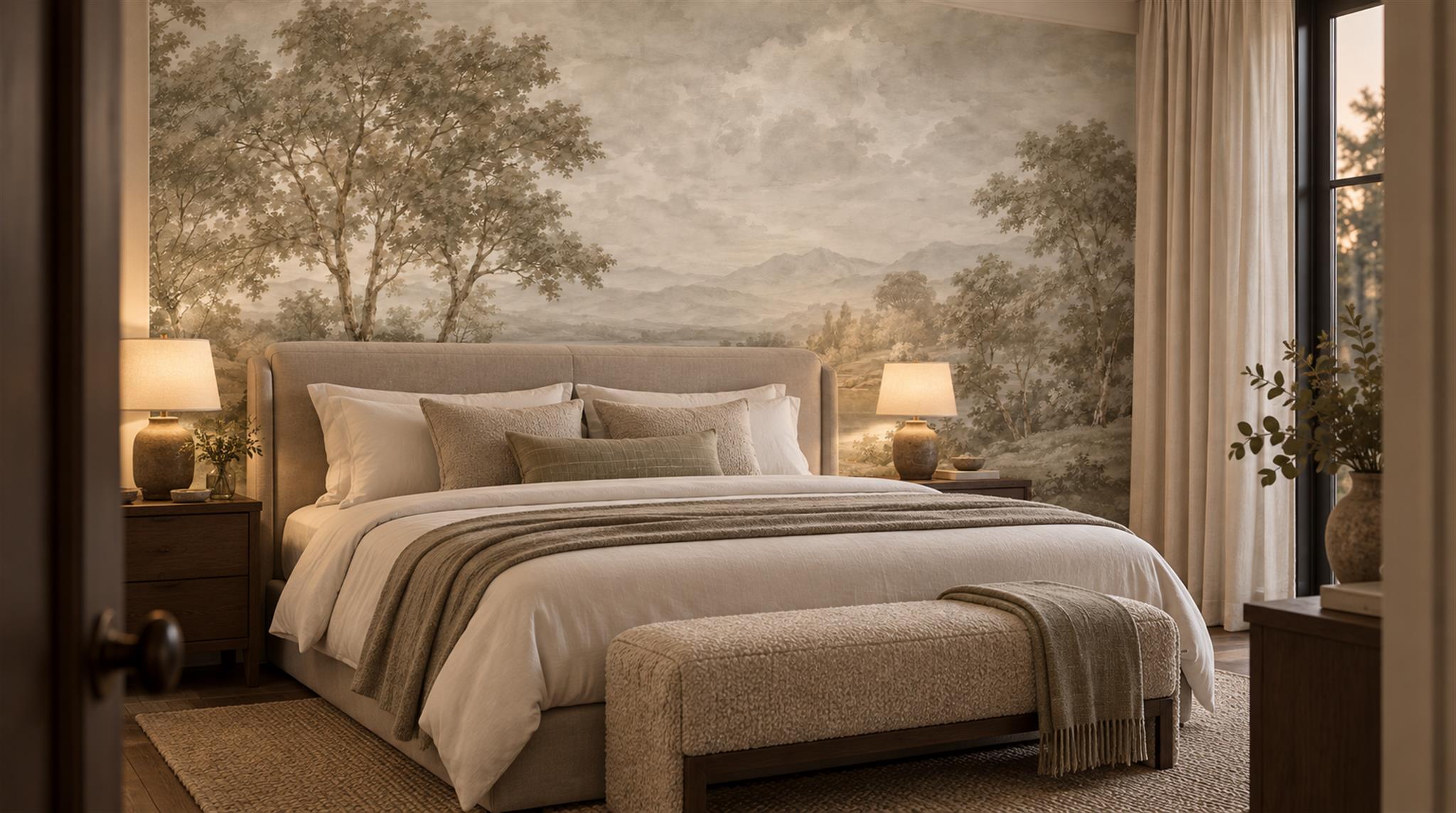 Ivory And Neutral A Painterly Scenic View Decorative Wallpaper Feature-wall-wallpaper-murals, Peel-and-stick Finish