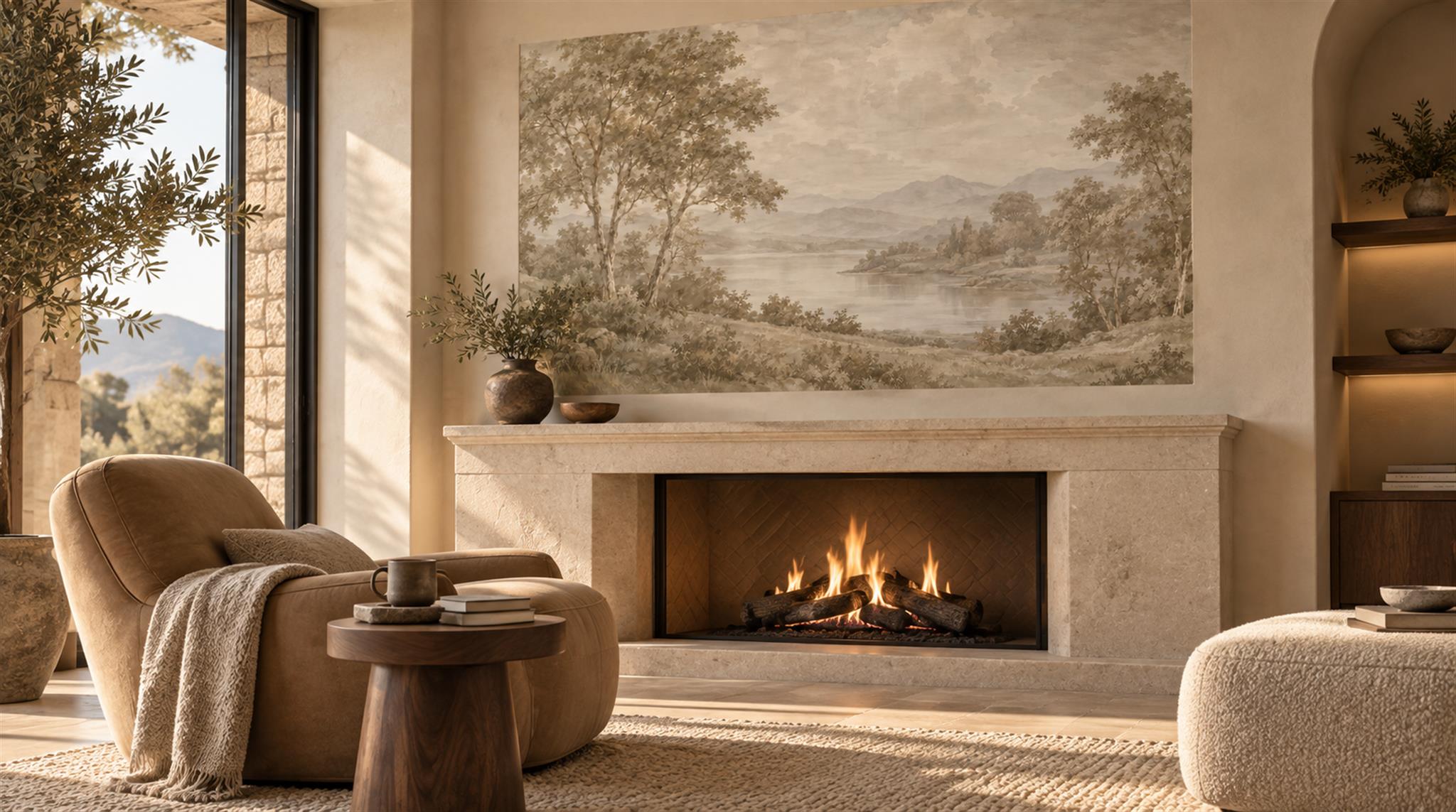 Ivory And Neutral A Painterly Scenic View Decorative Wallpaper Accent-wall-wallpaper-murals, Peel-and-stick Finish