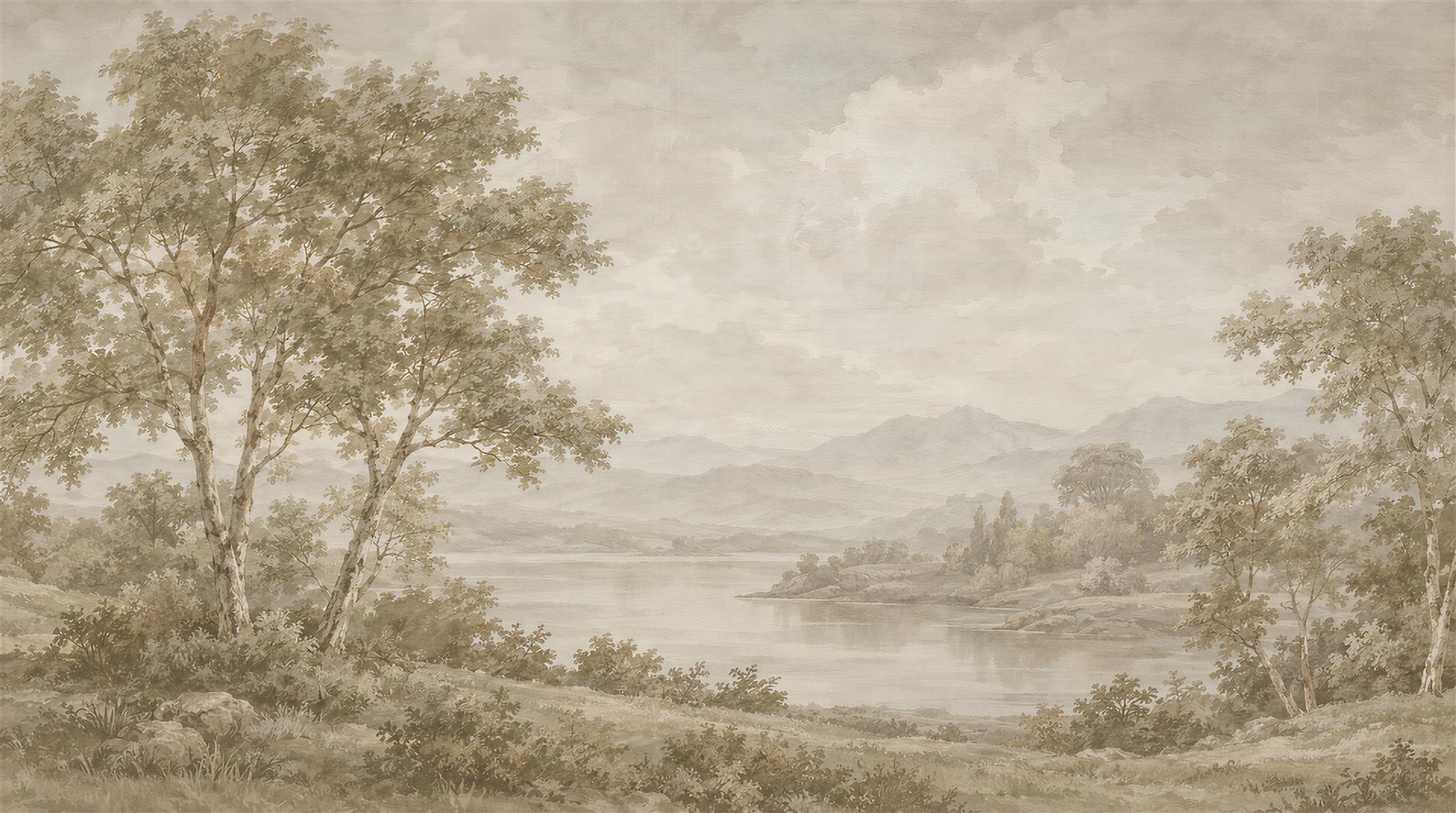 Sepia Mountain Lake Framed By Woodland Trees Wallpaper Mural — Wallpaper Mural Design, Peel-and-stick Finish