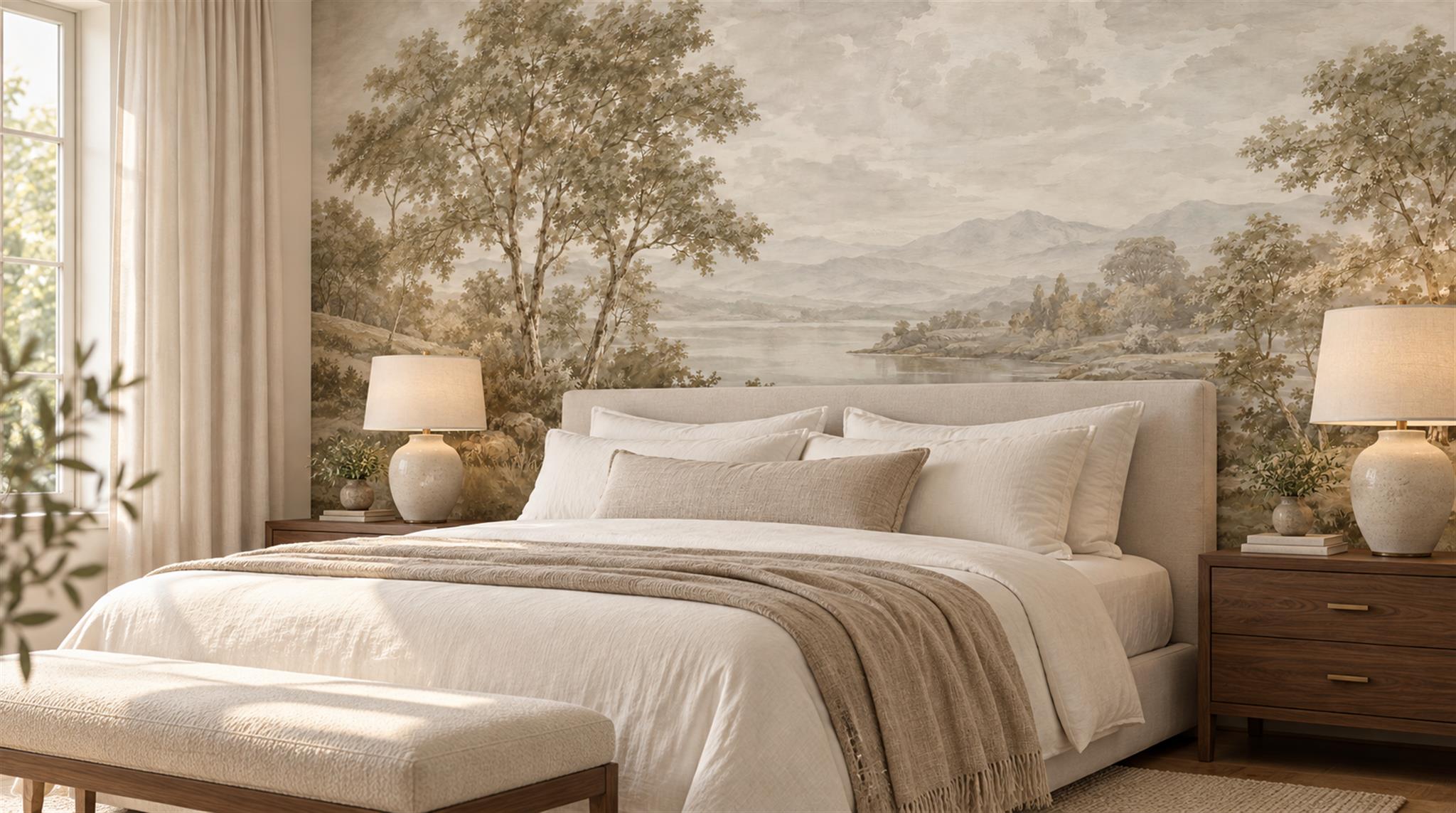 Ivory And Neutral A Painterly Scenic View Decorative Wallpaper Bedroom-wallpaper-murals, Peel-and-stick Finish