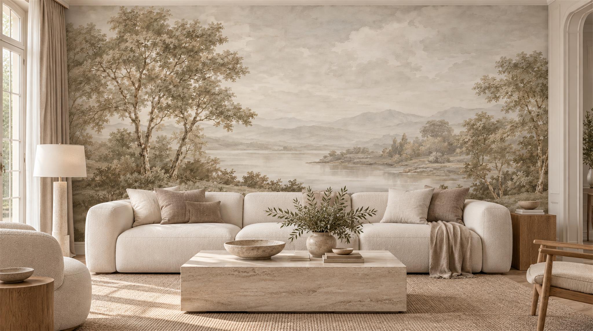 Ivory And Neutral A Painterly Scenic View Decorative Wallpaper Living-room-wallpaper-murals, Shown In A Living Room, Peel-and-stick Finish