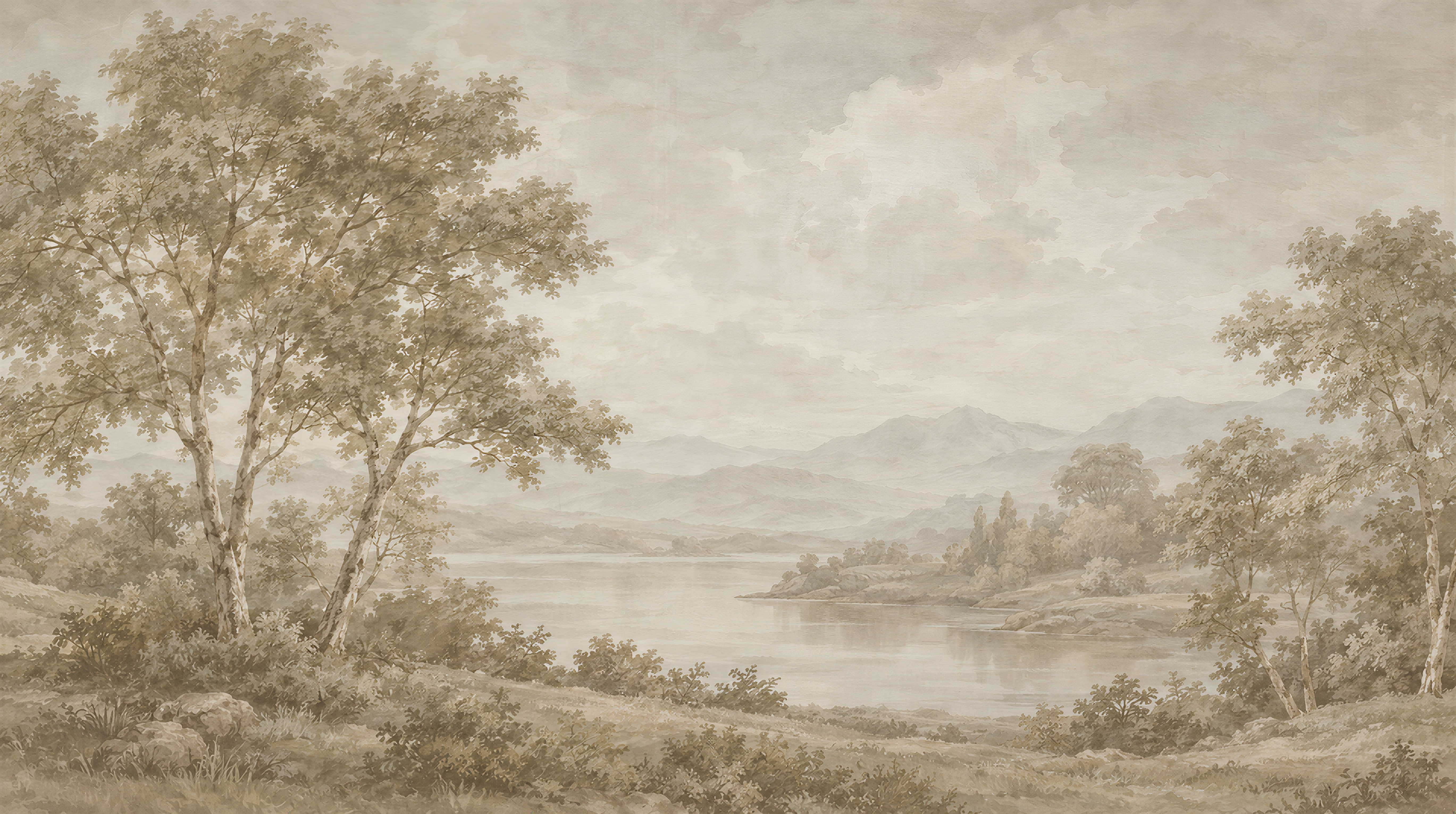 Ivory And Neutral A Painterly Scenic View Decorative Wallpaper, Peel-and-stick Finish