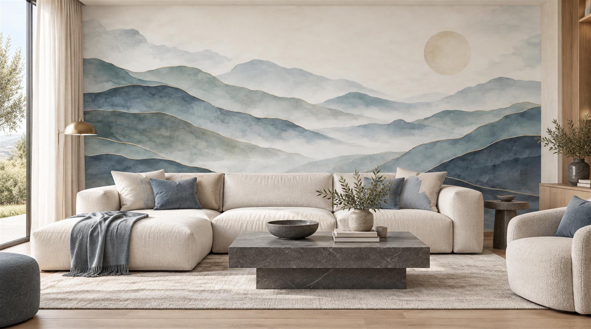 Blue And Neutral Abstract Forms Layered Wallpaper Mural Living-room-wallpaper-murals, Peel-and-stick Finish