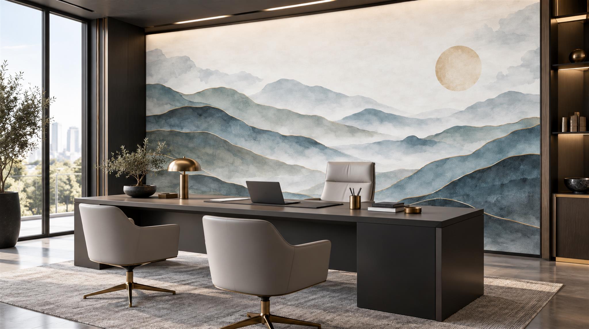 Blue And Neutral Abstract Forms Layered Wallpaper Mural Office-wallpaper-murals, Shown In A Home Office, Peel-and-stick Finish