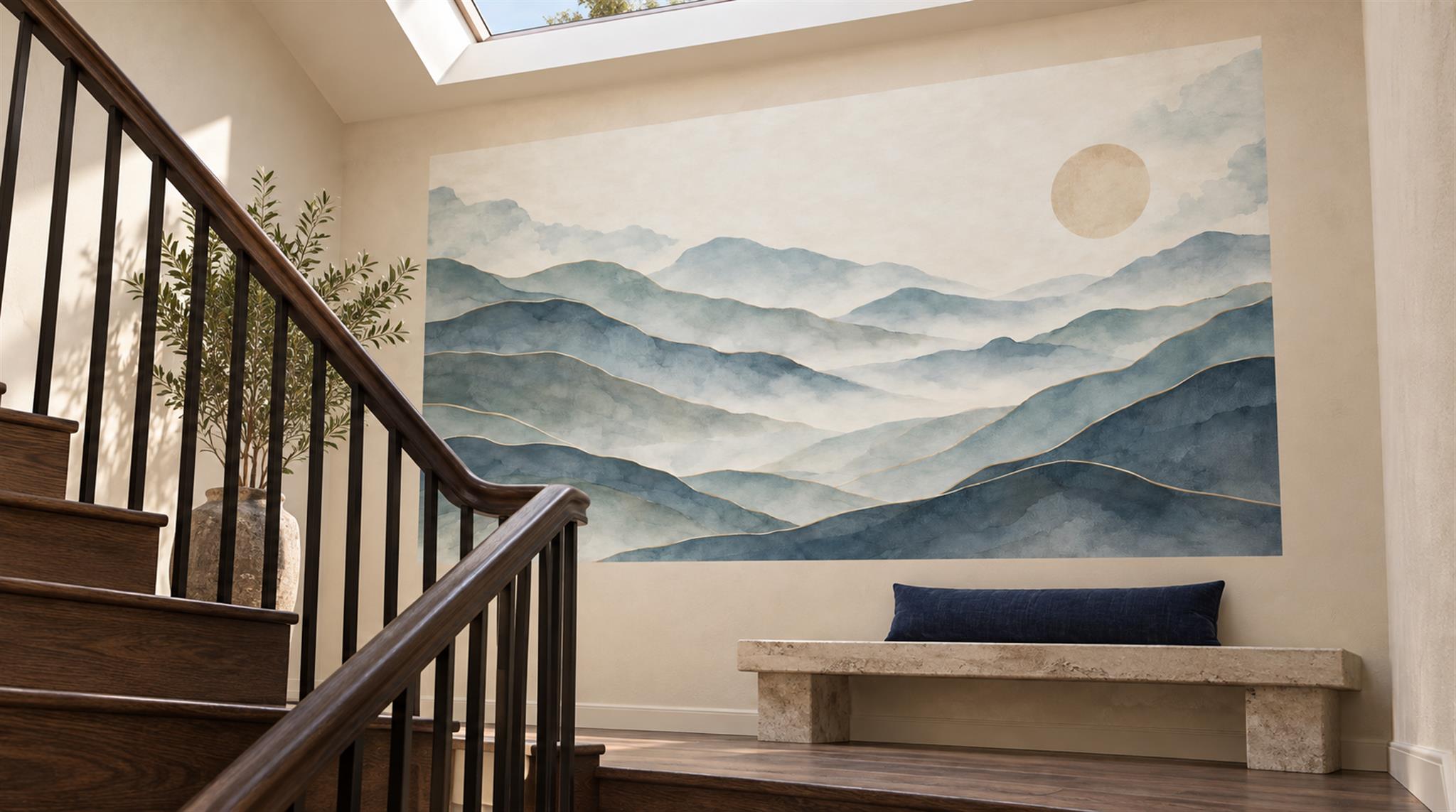 Blue And Neutral Abstract Forms Layered Wallpaper Mural Accent-wall-wallpaper-murals, Peel-and-stick Finish