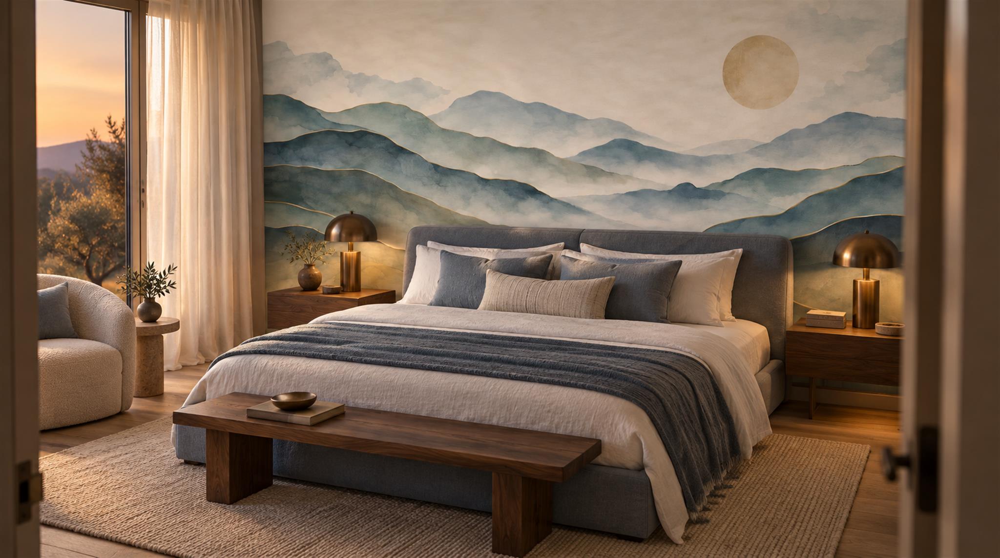 Blue And Neutral Abstract Forms Layered Wallpaper Mural Accent-wall-wallpaper-murals, Peel-and-stick Finish