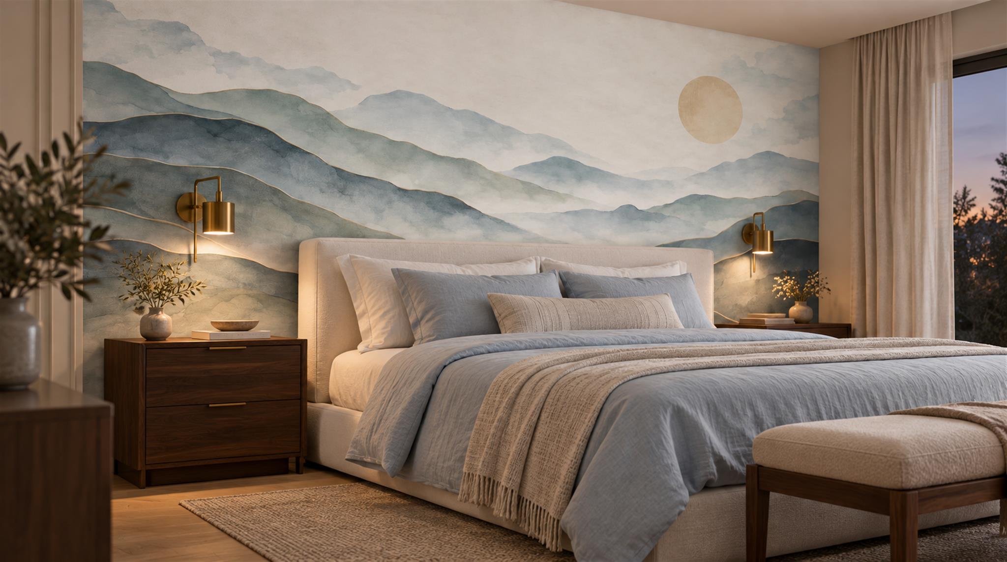 Blue And Neutral Abstract Forms Layered Wallpaper Mural Bedroom-wallpaper-murals, Peel-and-stick Finish