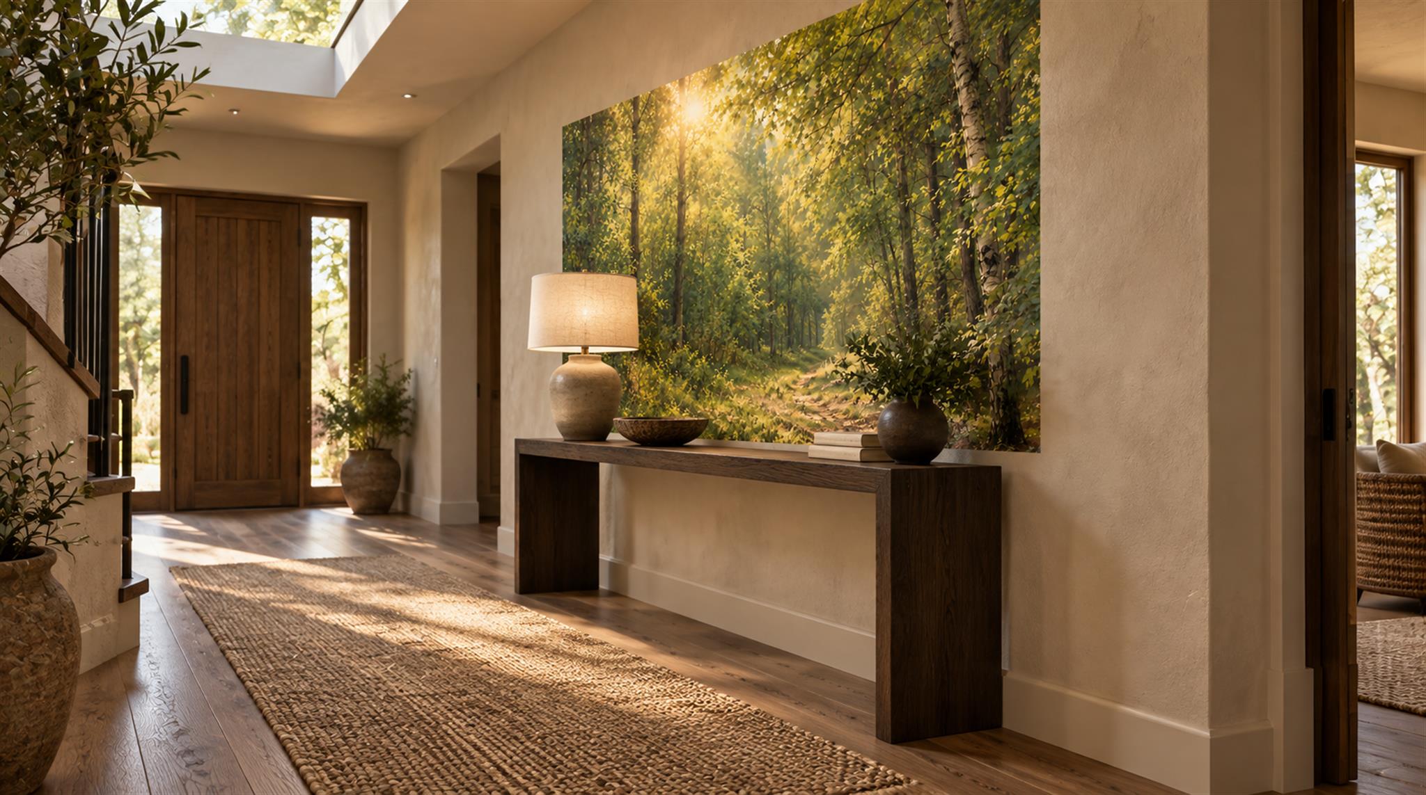 Gold And Neutral Woodland Trees Forest Wallpaper Mural Entryway-wallpaper-murals, Peel-and-stick Finish