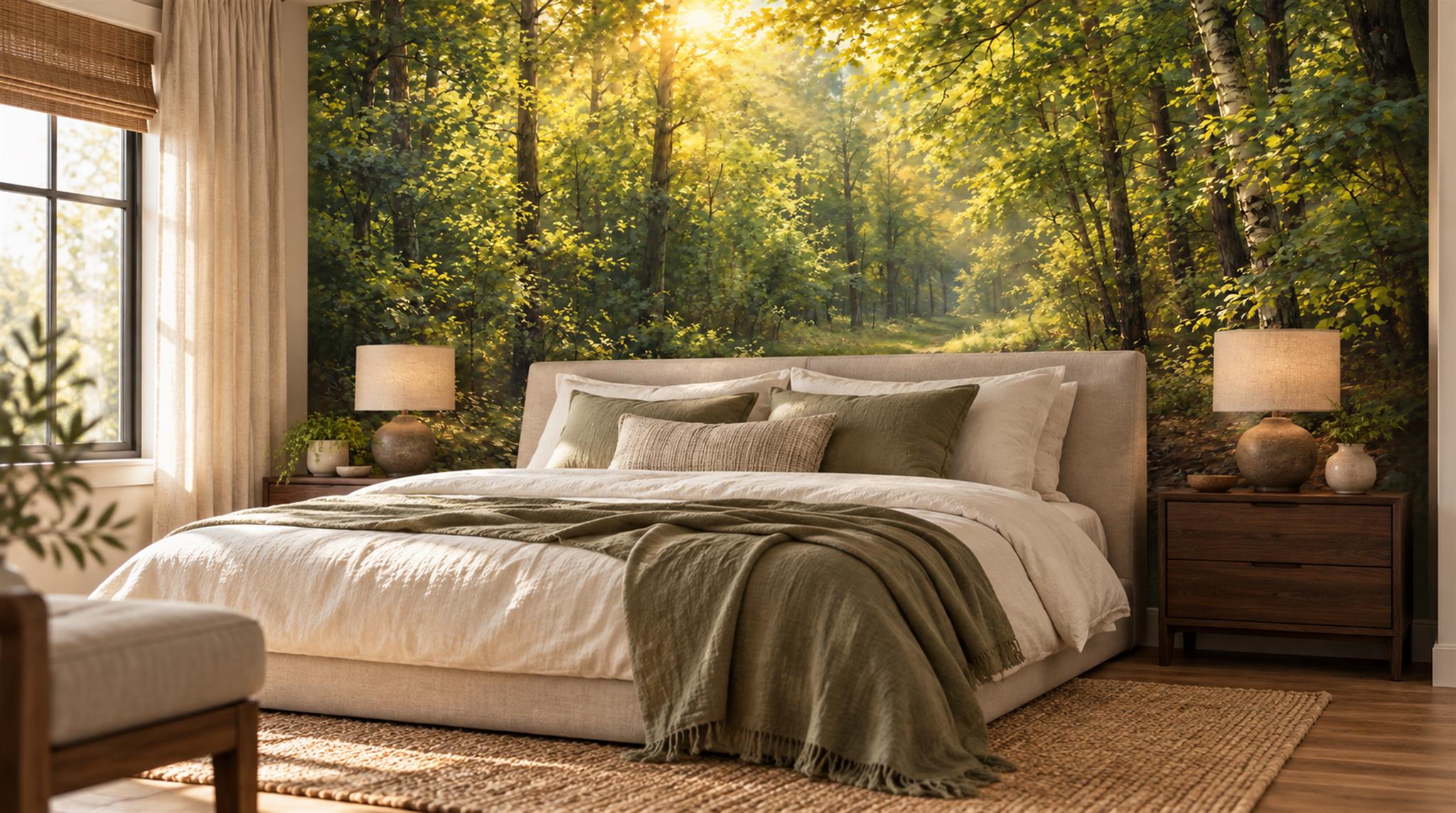 Gold And Neutral Woodland Trees Forest Wallpaper Mural Bedroom-wallpaper-murals, Peel-and-stick Finish